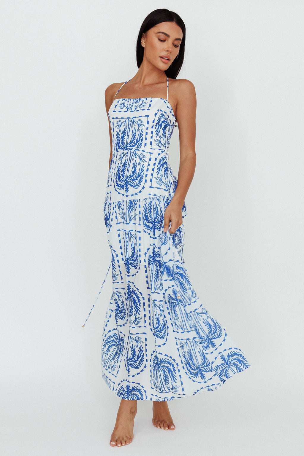 Natasia Halterneck Maxi Dress Palm Print Blue by Selfie Leslie