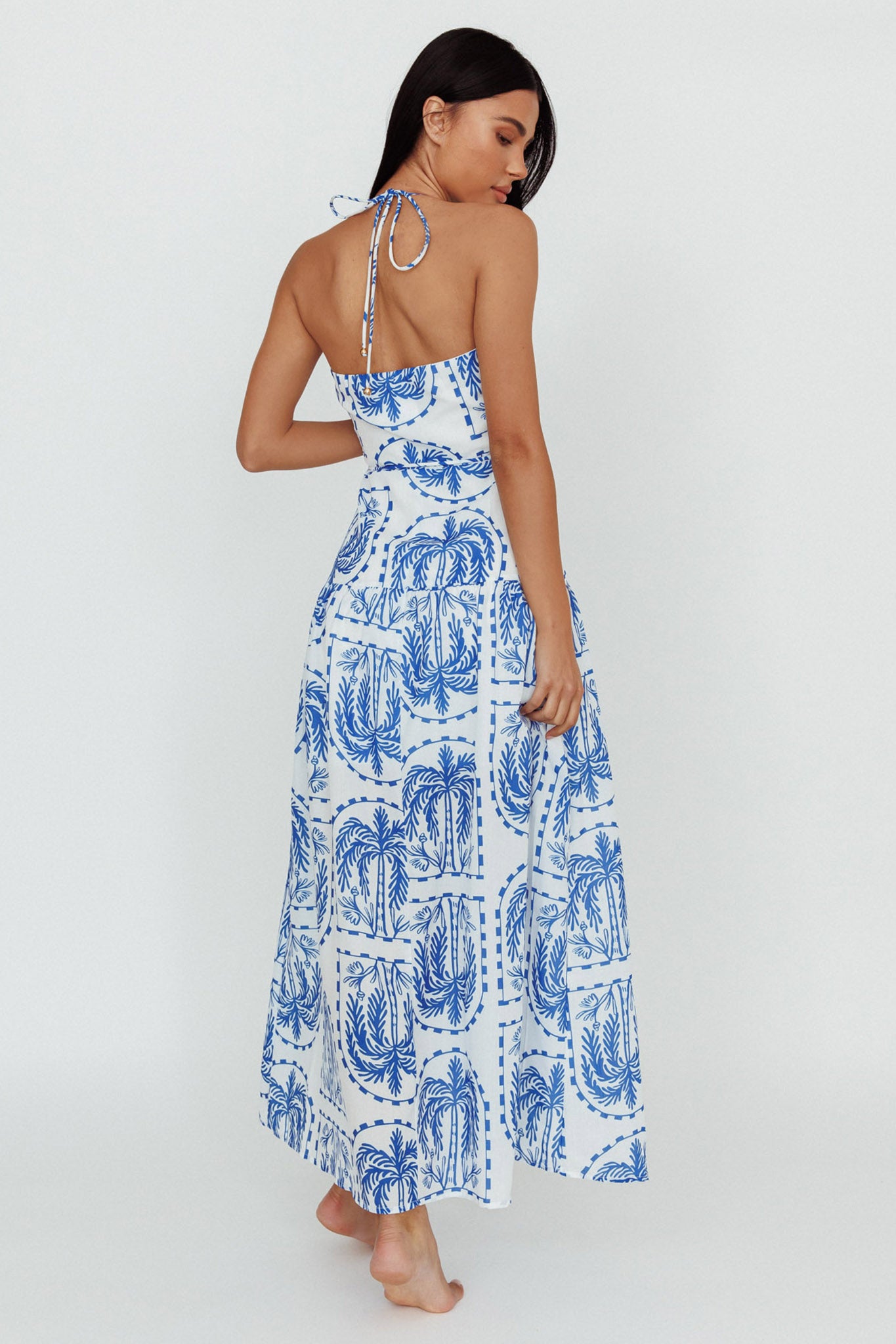 Natasia Halterneck Maxi Dress Palm Print Blue by Selfie Leslie