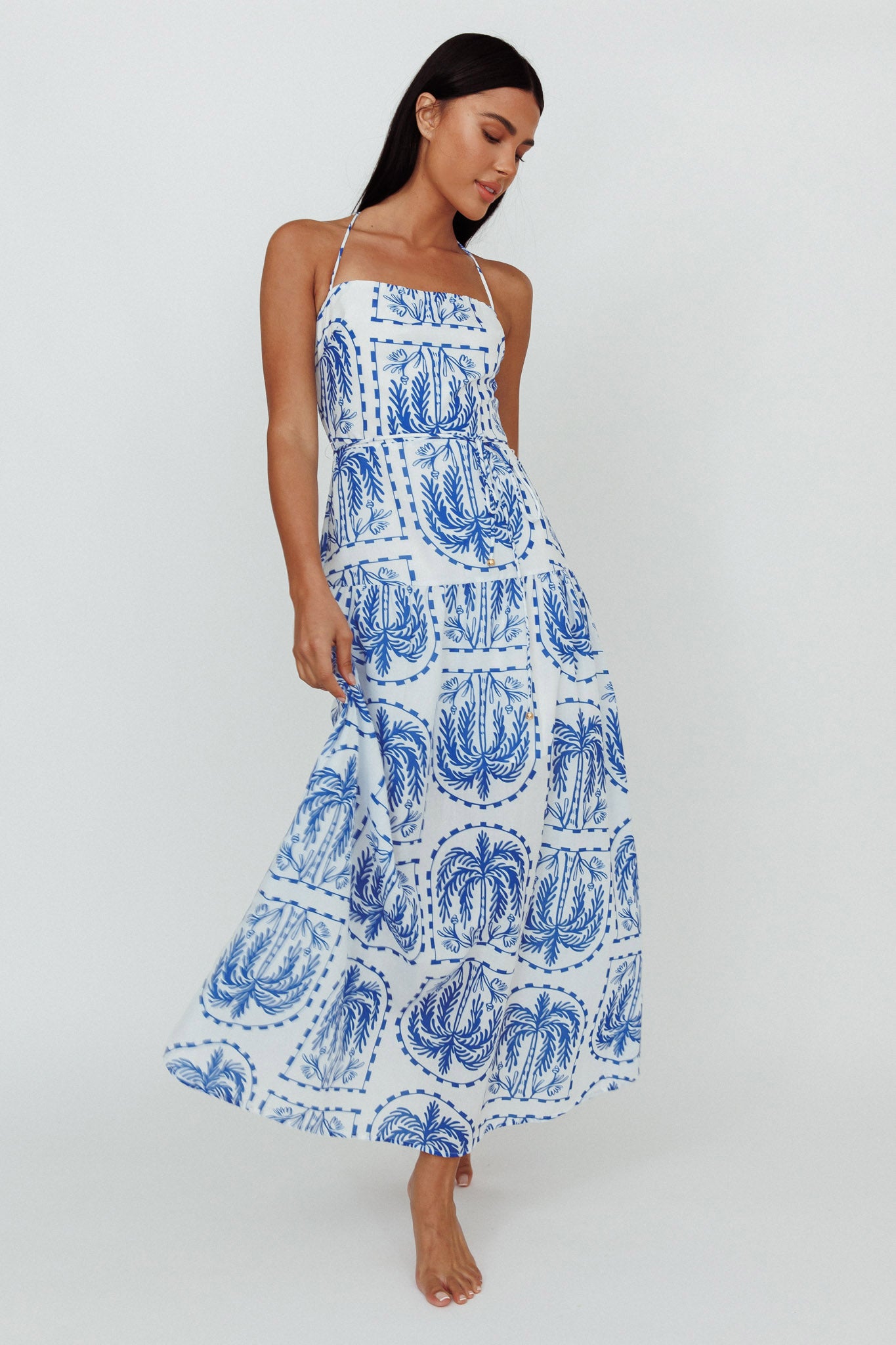 Natasia Halterneck Maxi Dress Palm Print Blue by Selfie Leslie