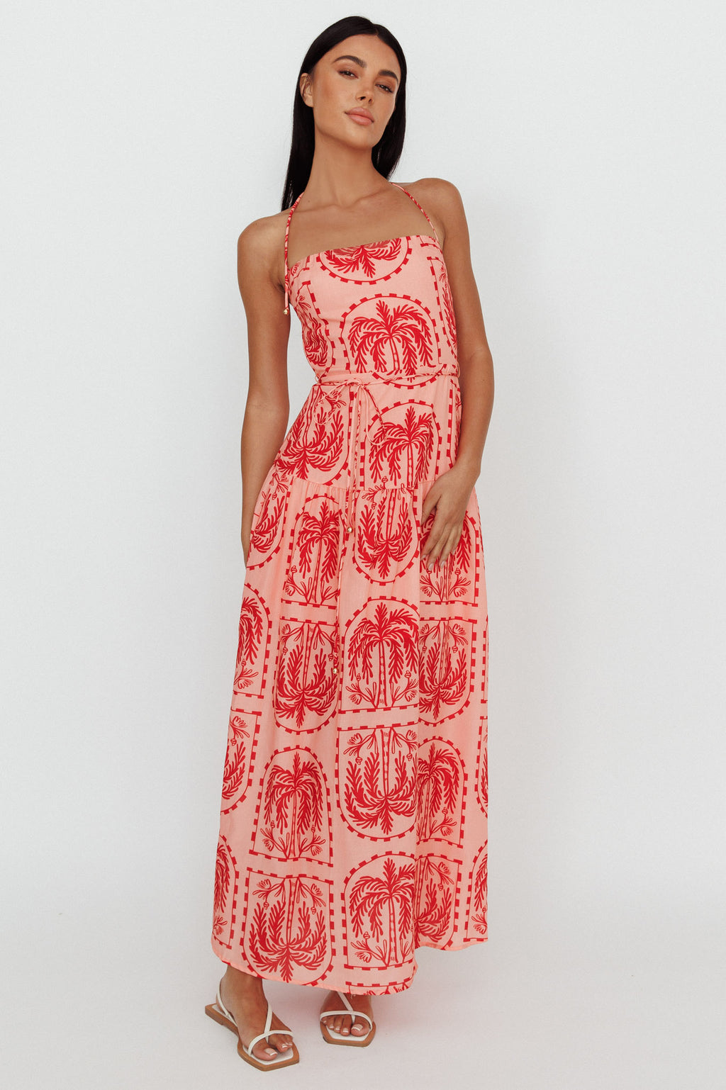 Natasia Halterneck Maxi Dress Palm Print Red by Selfie Leslie
