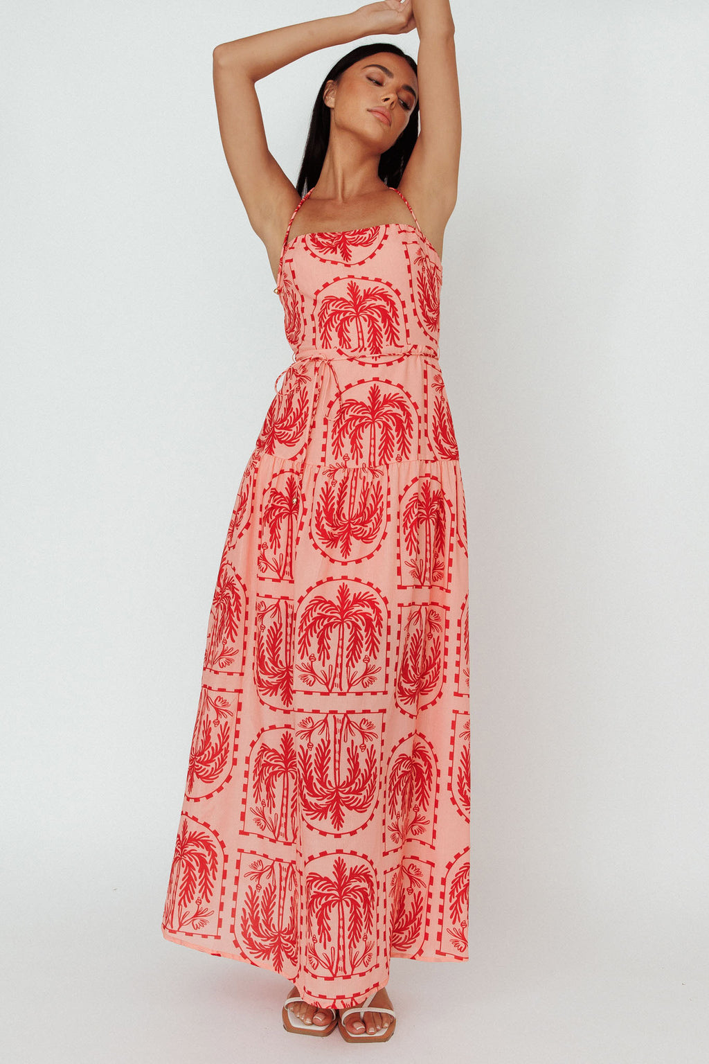 Natasia Halterneck Maxi Dress Palm Print Red by Selfie Leslie