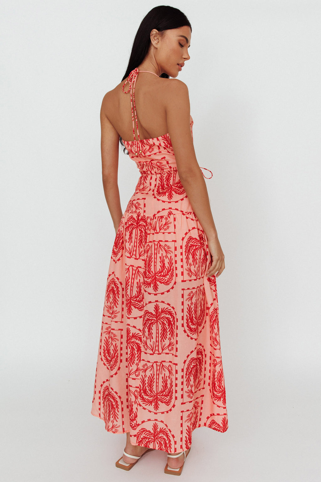 Natasia Halterneck Maxi Dress Palm Print Red by Selfie Leslie