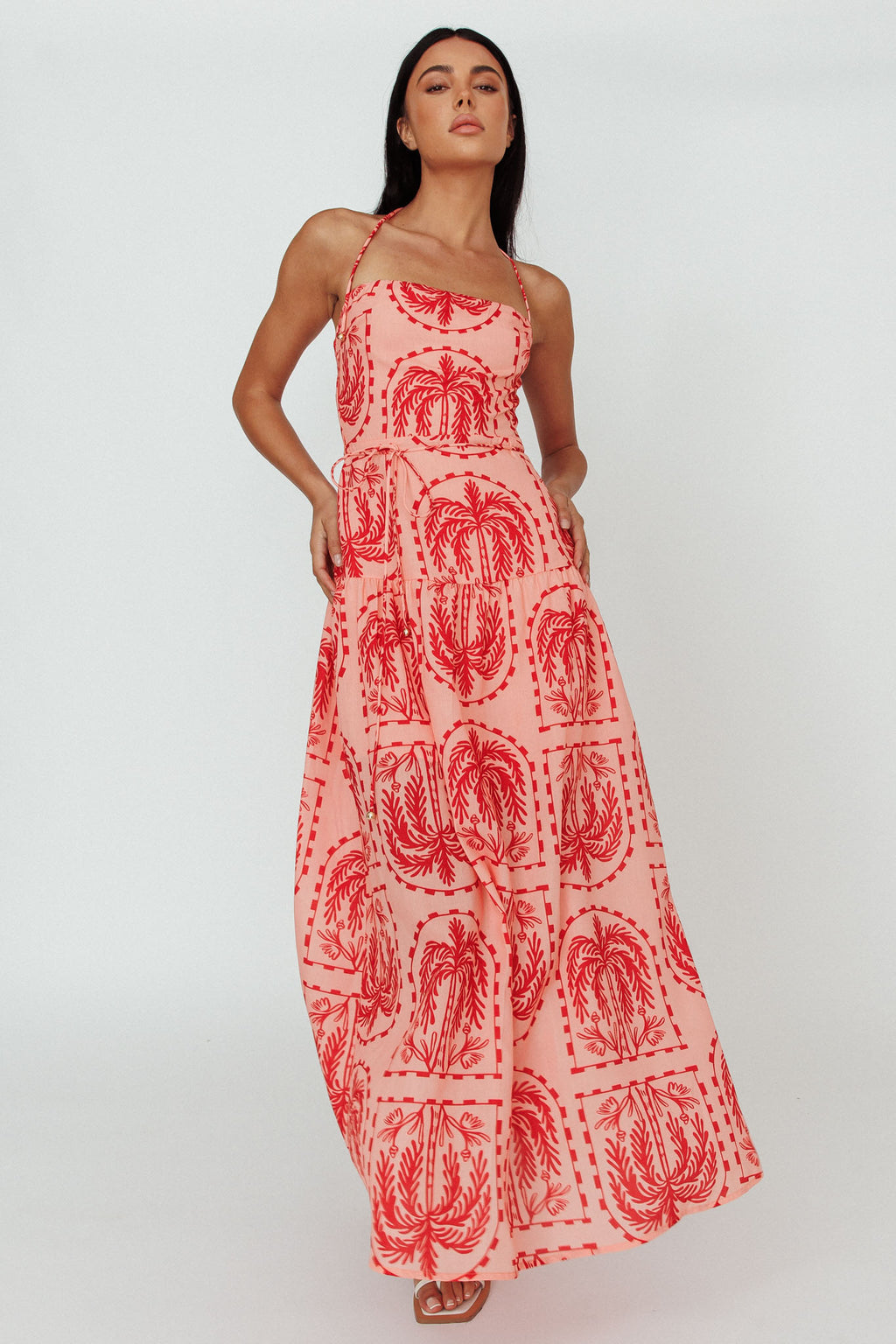 Natasia Halterneck Maxi Dress Palm Print Red by Selfie Leslie
