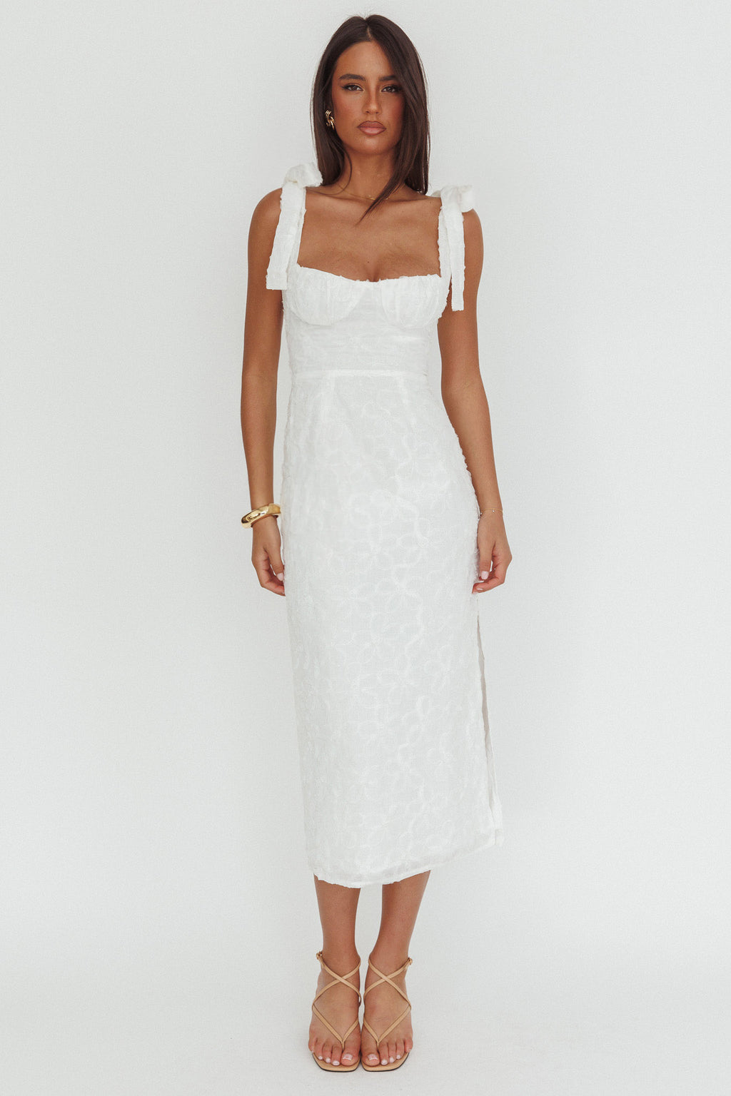 Cupid Tied Shoulder Embellished Midi Dress White by Selfie Leslie