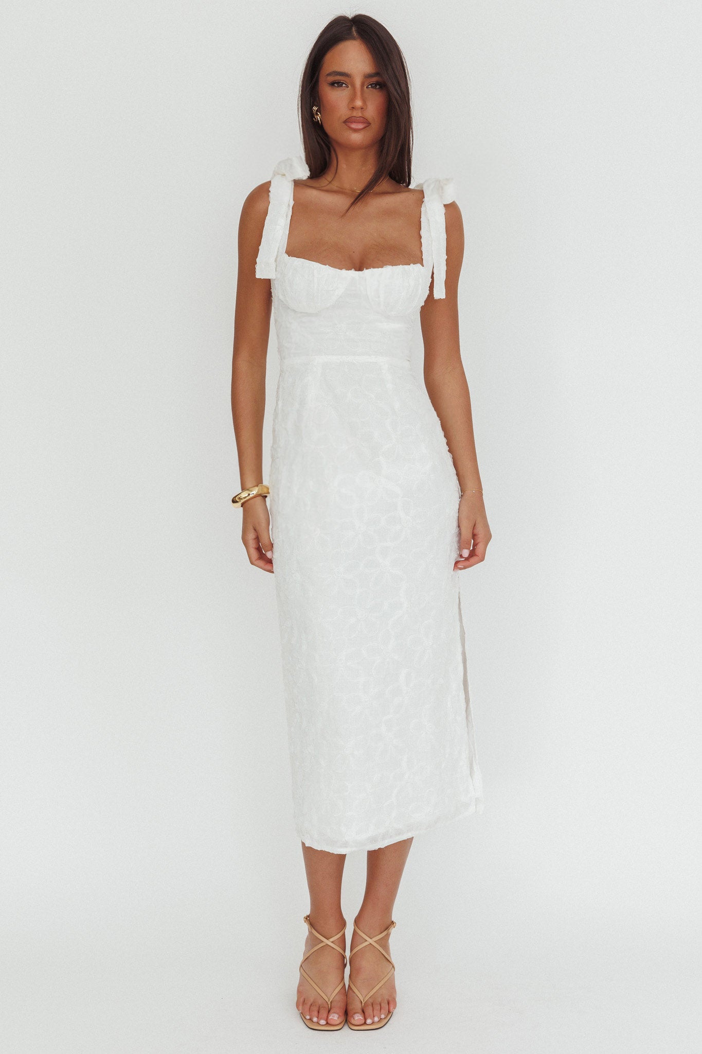 Cupid Tied Shoulder Embellished Midi Dress White by Selfie Leslie