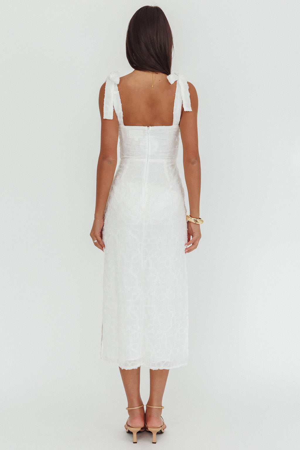 Cupid Tied Shoulder Embellished Midi Dress White by Selfie Leslie