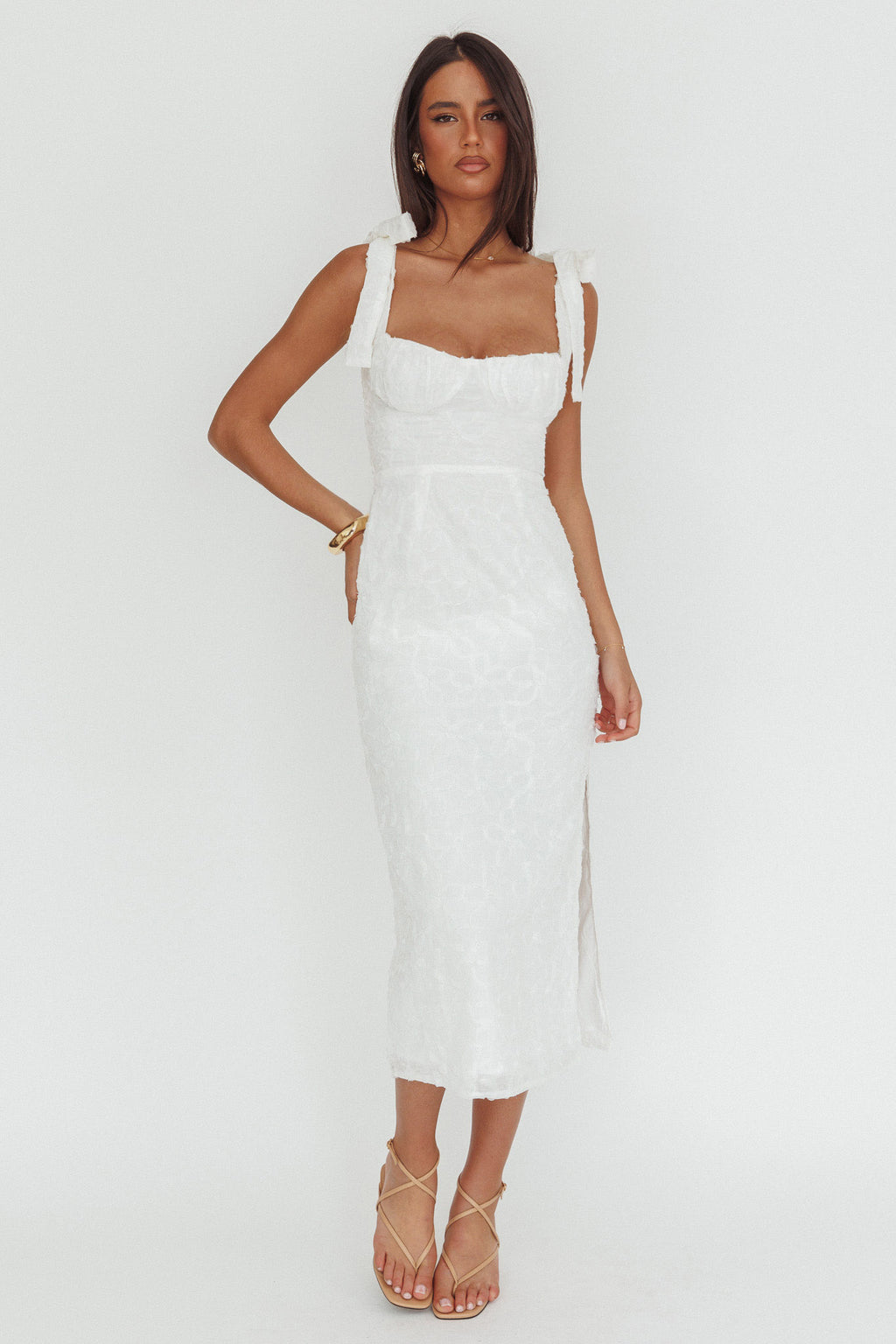 Cupid Tied Shoulder Embellished Midi Dress White by Selfie Leslie