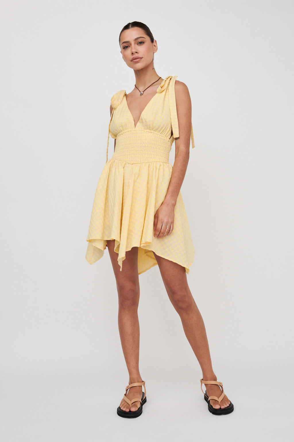 Lido Tied Shoulder Shirred Romper Lemon by Selfie Leslie