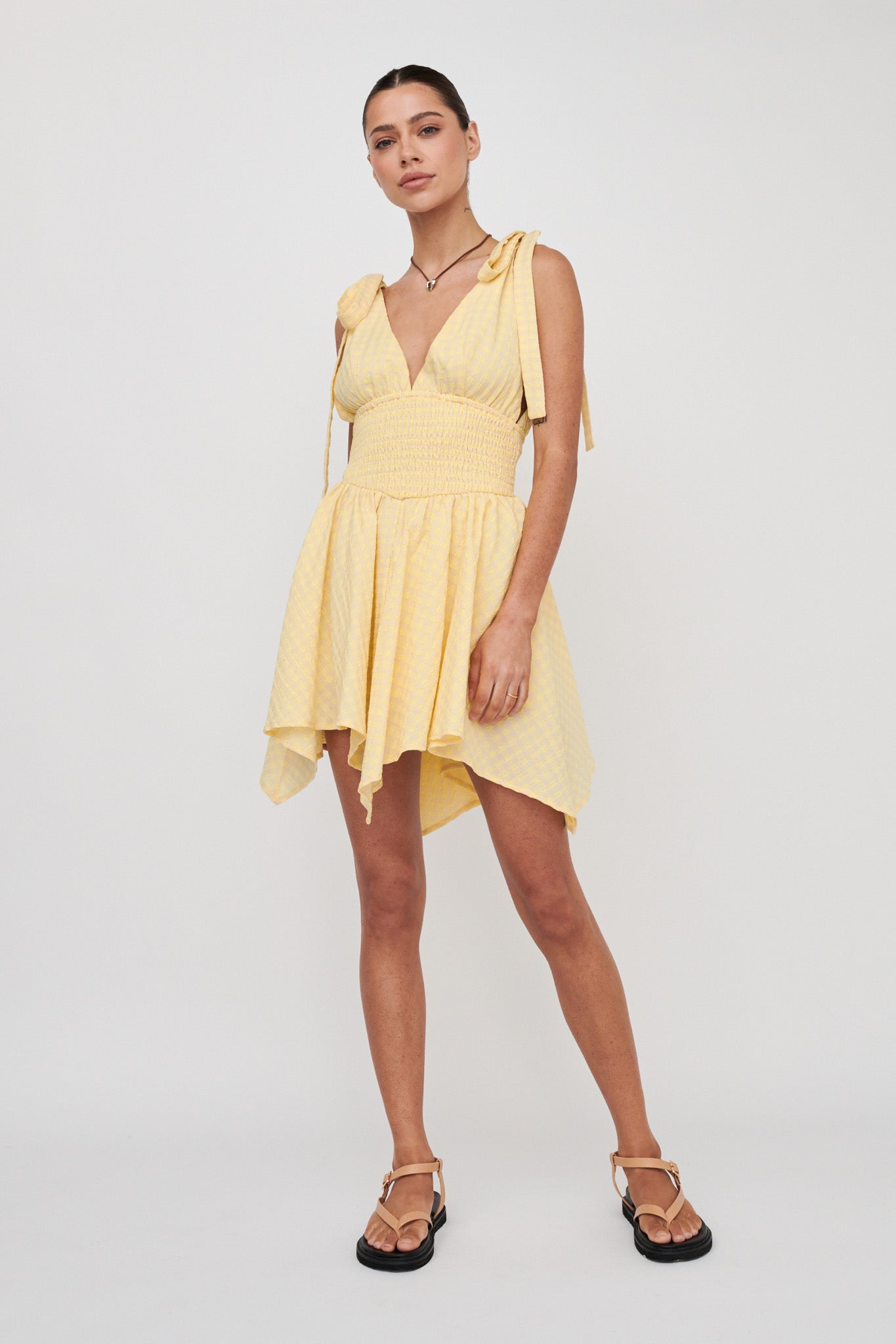 Lido Tied Shoulder Shirred Romper Lemon by Selfie Leslie