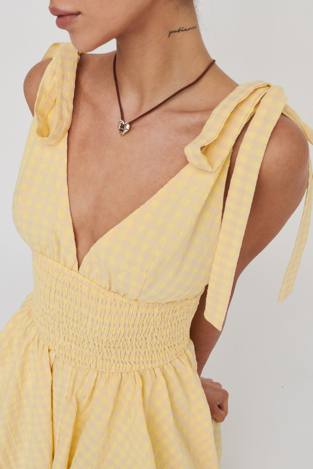 Lido Tied Shoulder Shirred Romper Lemon by Selfie Leslie