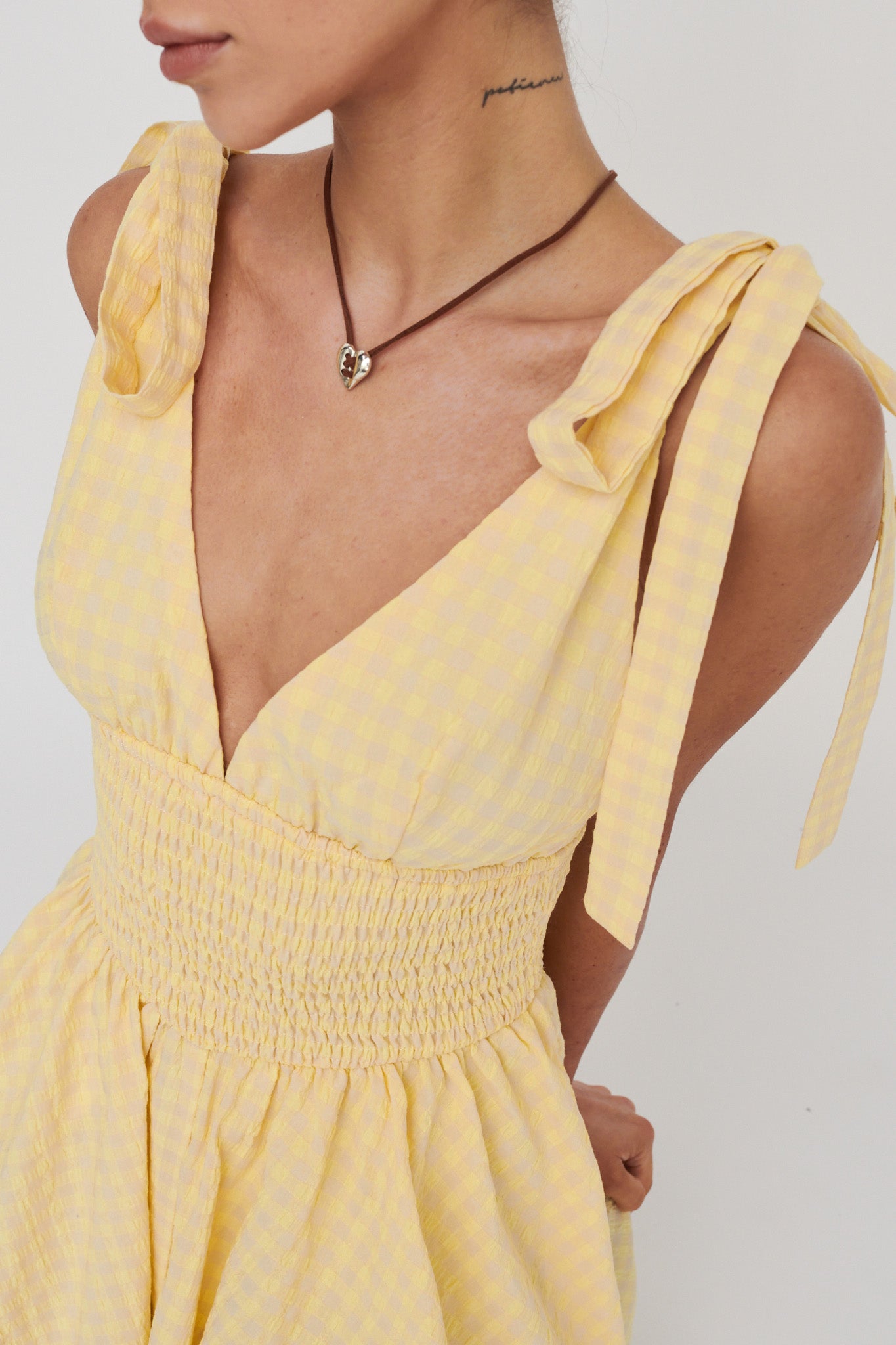 Lido Tied Shoulder Shirred Romper Lemon by Selfie Leslie