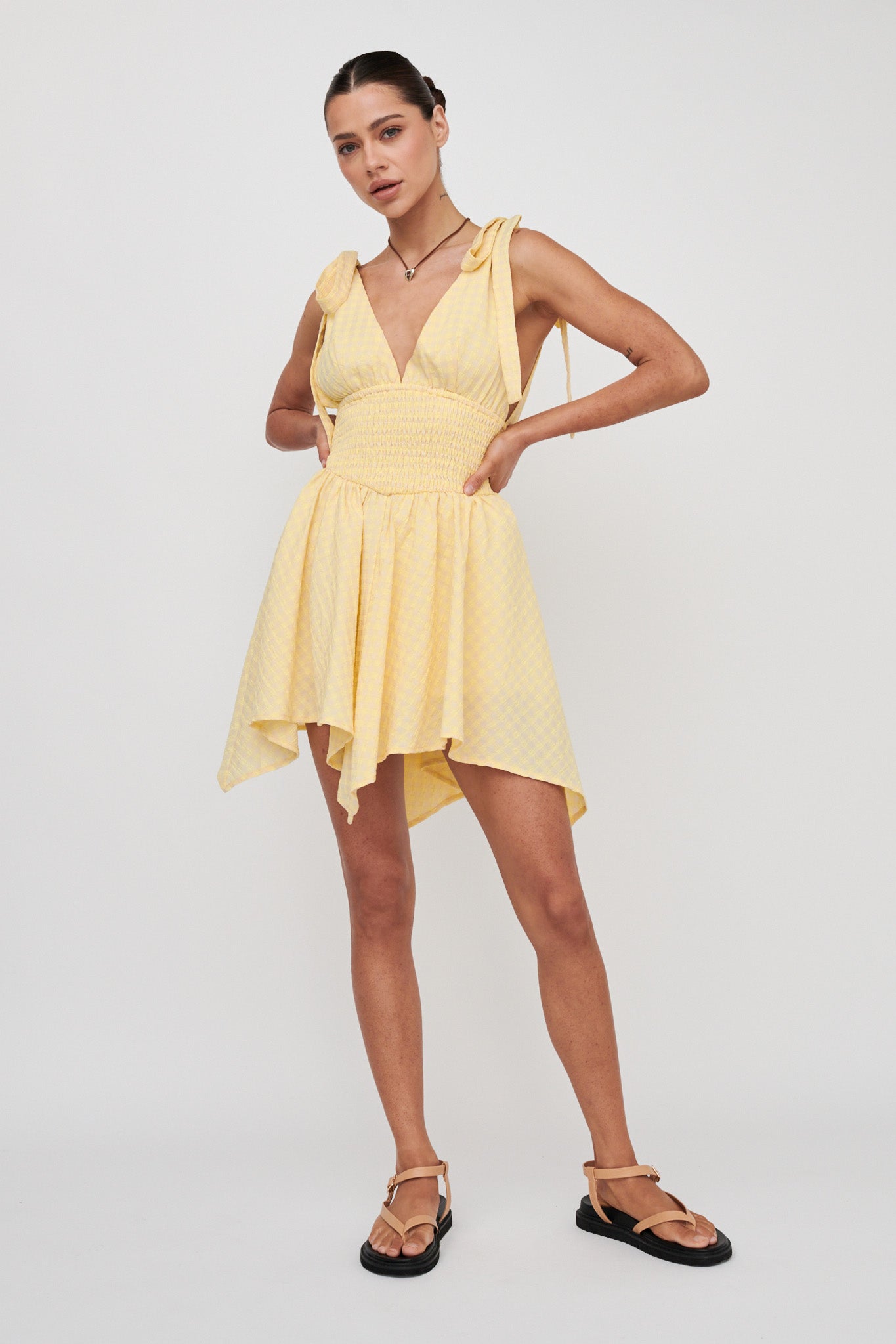 Lido Tied Shoulder Shirred Romper Lemon by Selfie Leslie