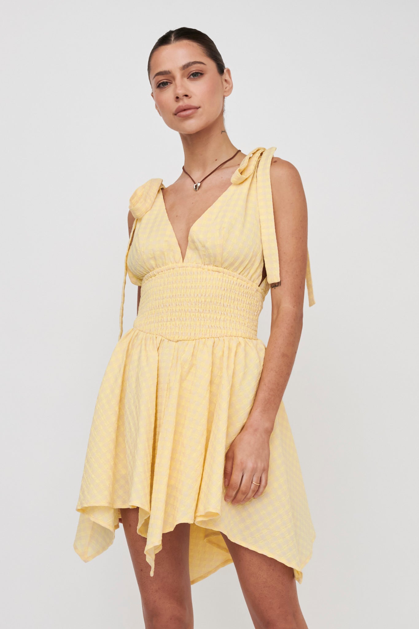 Lido Tied Shoulder Shirred Romper Lemon by Selfie Leslie