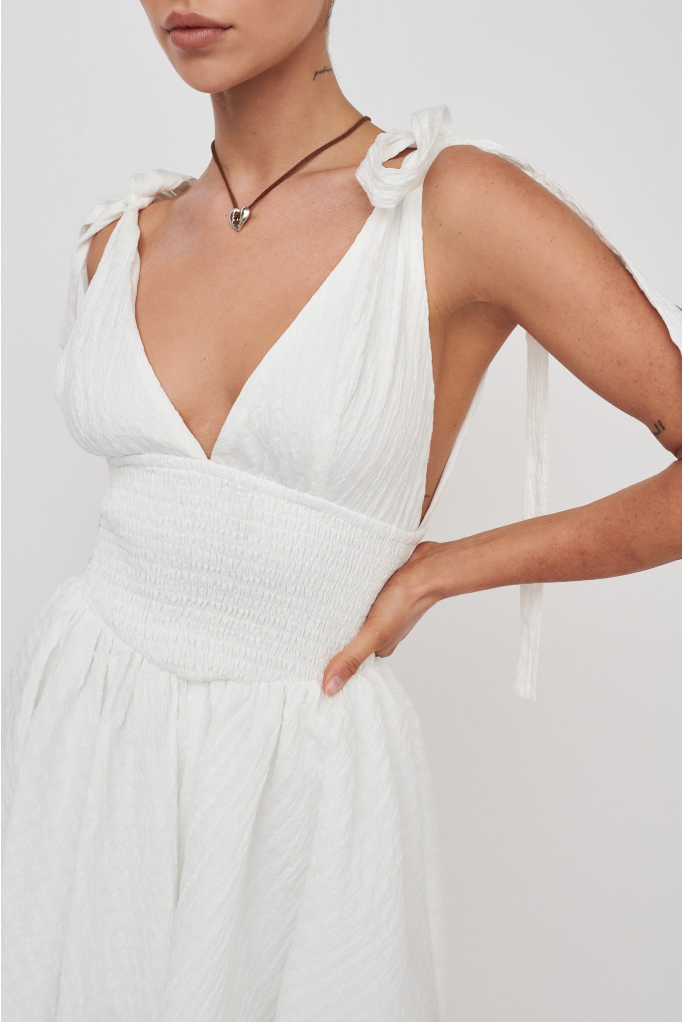 Lido Tied Shoulder Shirred Romper White by Selfie Leslie