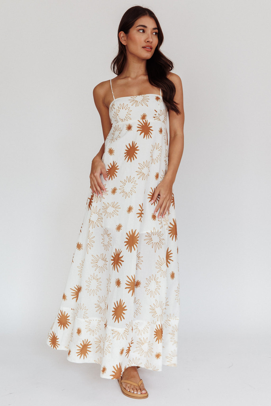 Midsummer Sun Print Maxi Dress White Green by Selfie Leslie
