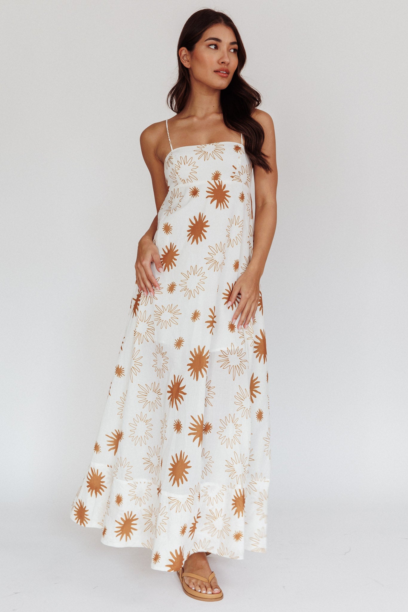 Midsummer Sun Print Maxi Dress White Green by Selfie Leslie