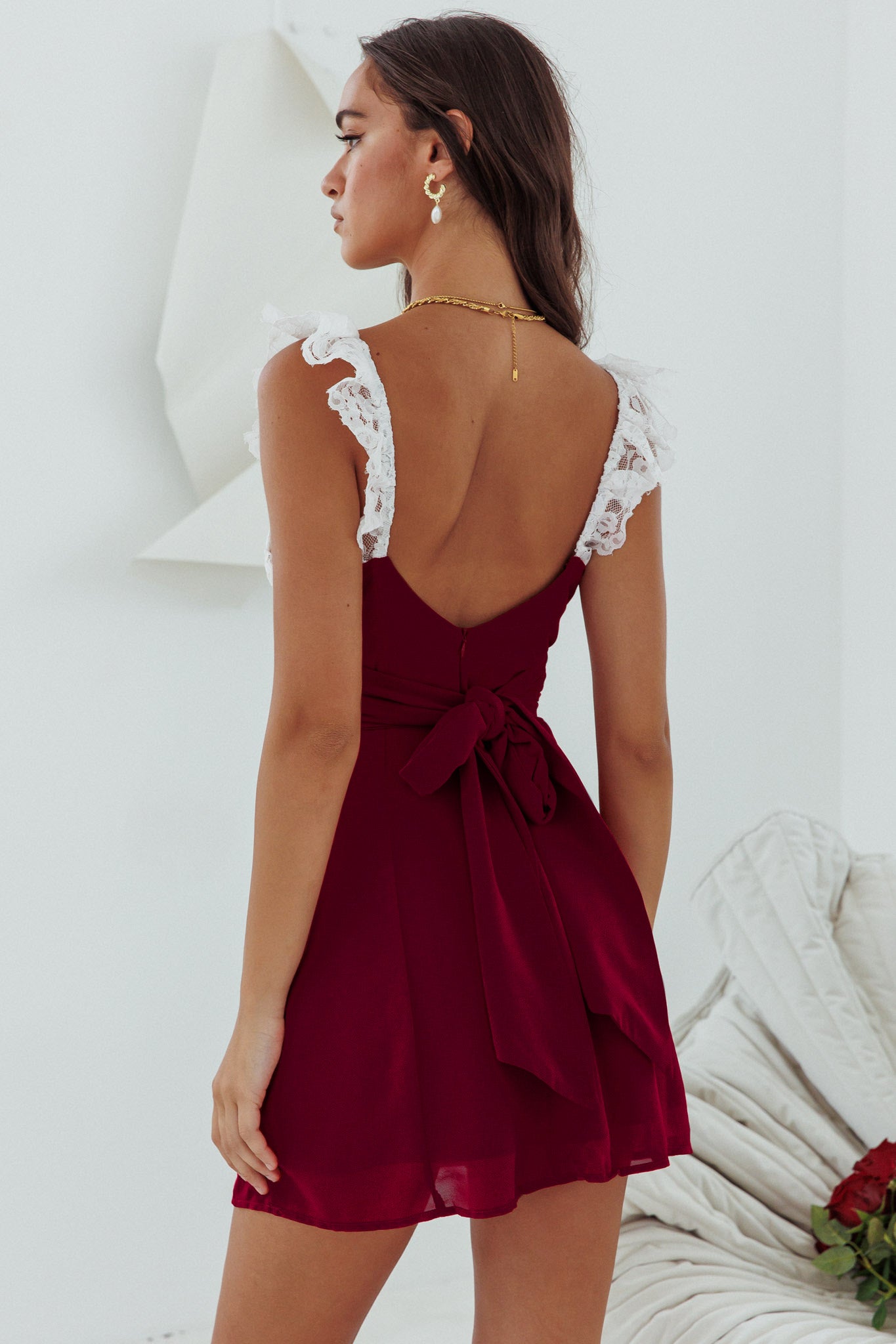 Lakyn Lace Bust Tied Back Mini Dress Wine by Selfie Leslie
