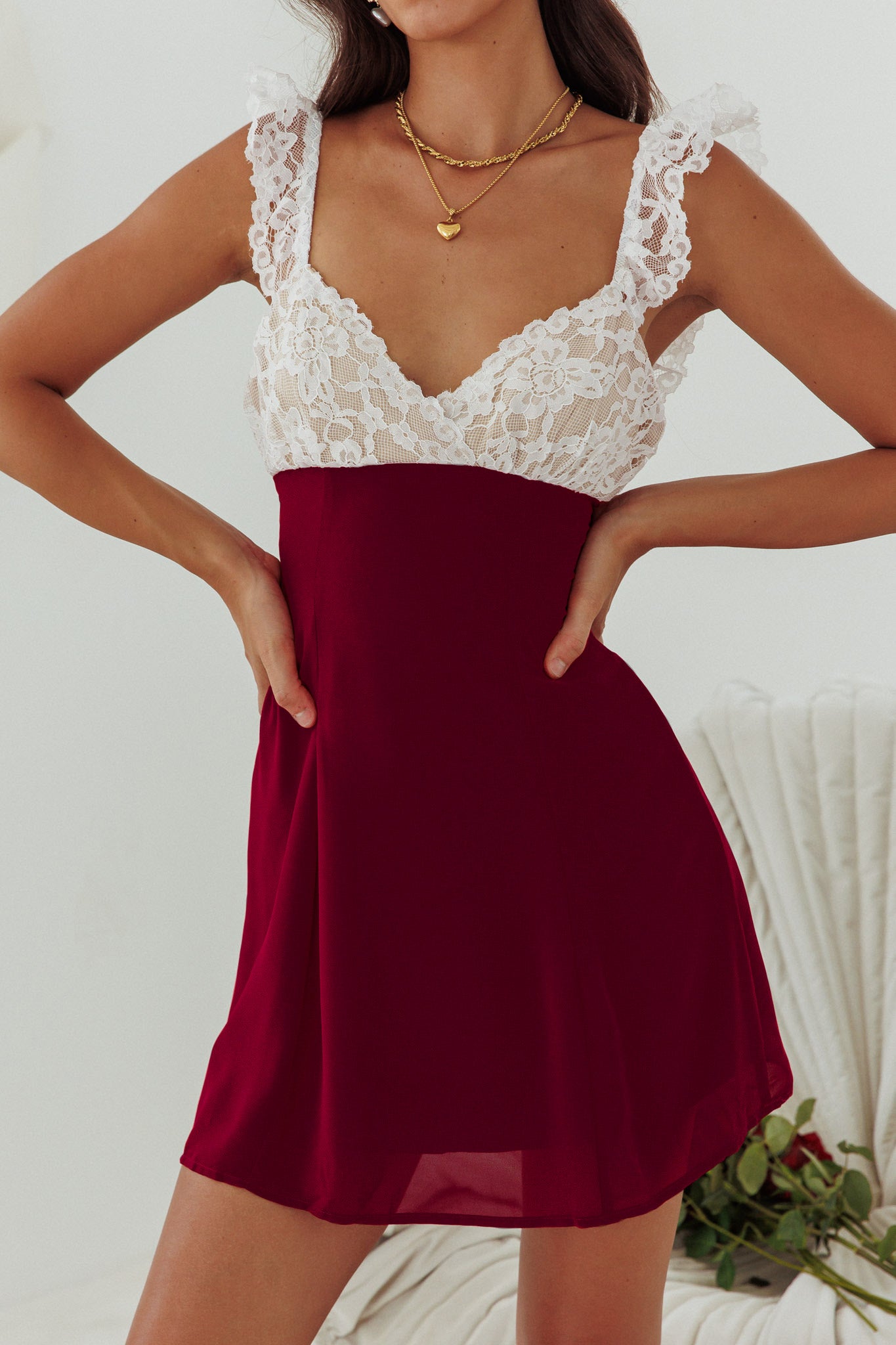 Lakyn Lace Bust Tied Back Mini Dress Wine by Selfie Leslie