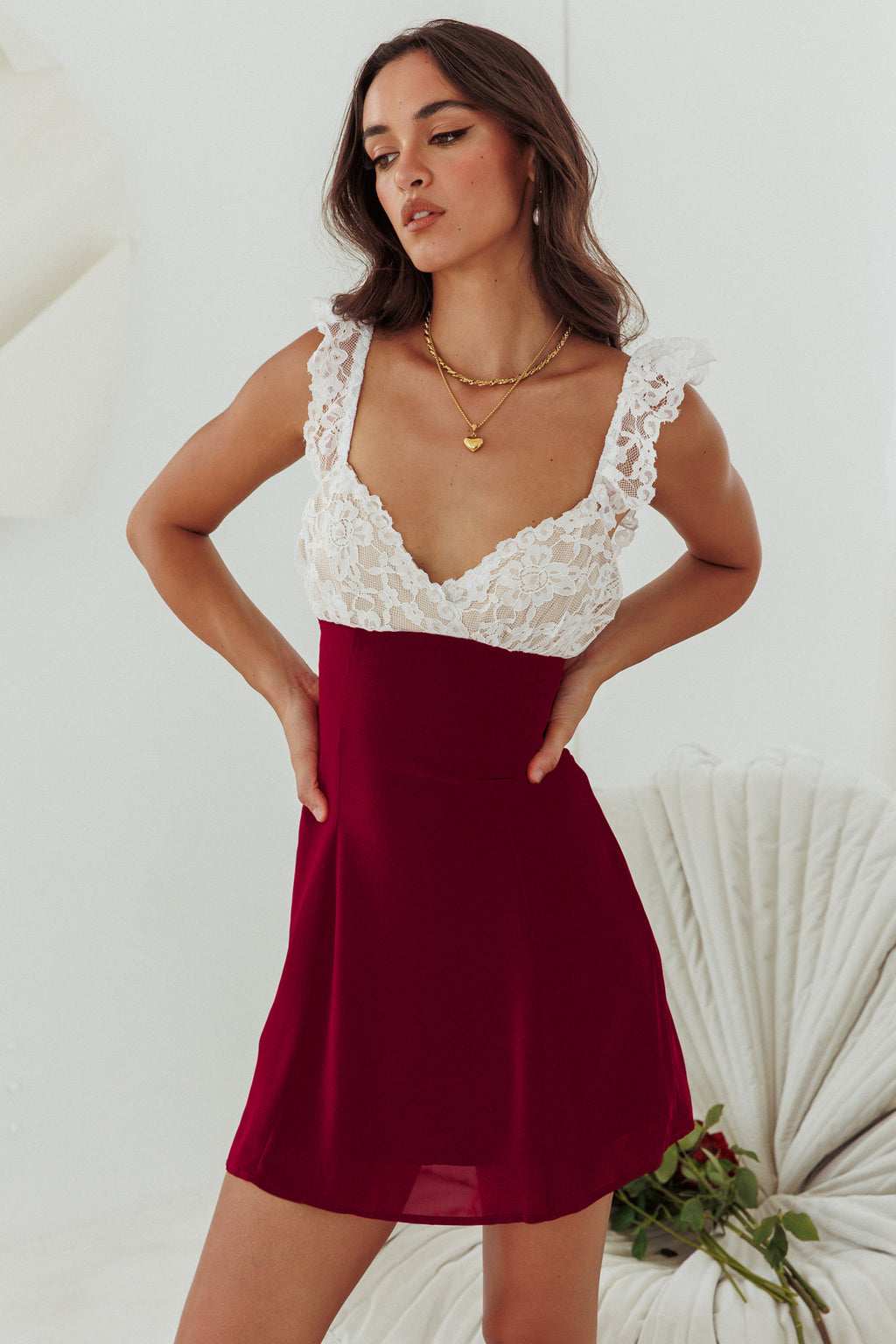 Lakyn Lace Bust Tied Back Mini Dress Wine by Selfie Leslie