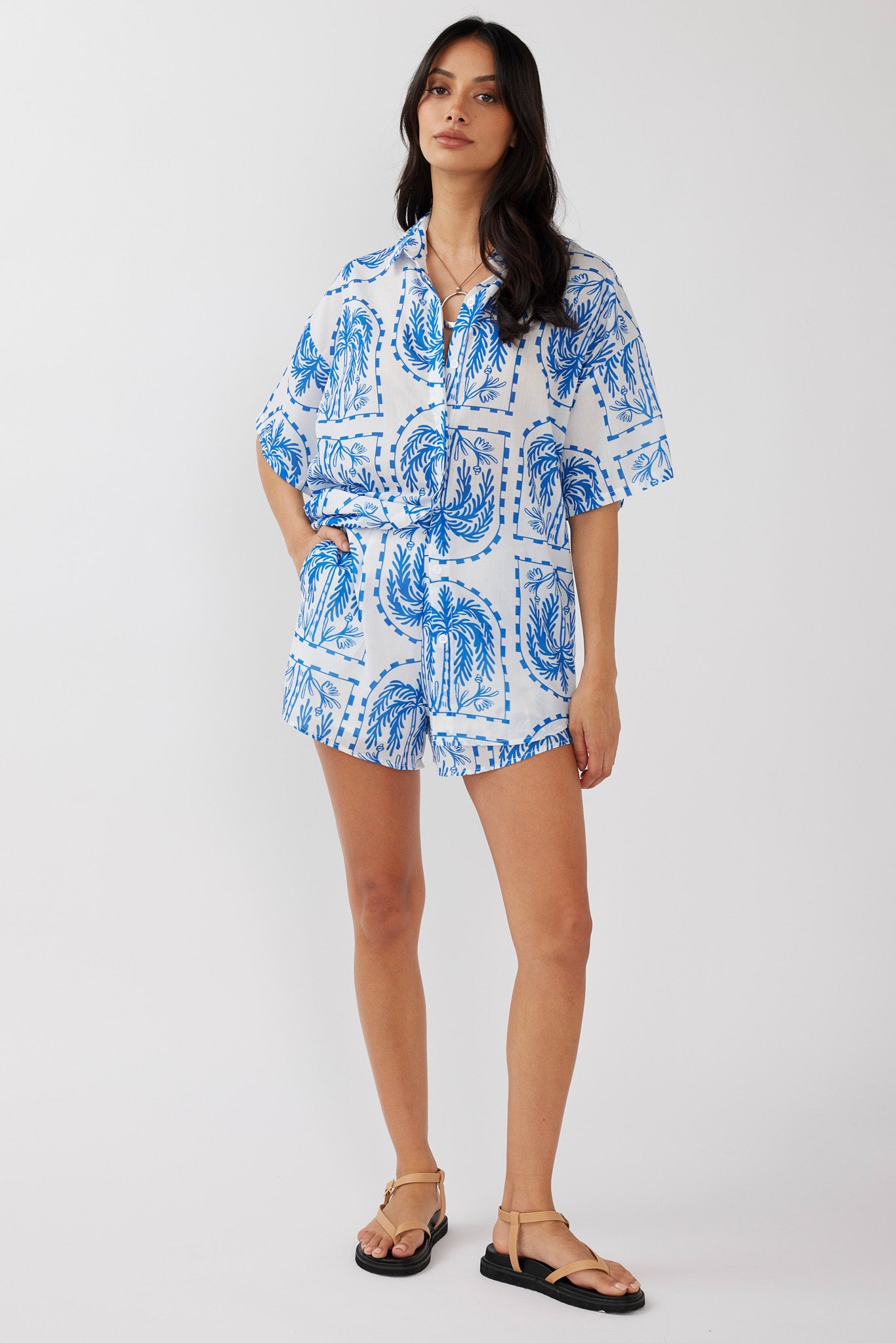 Cora Elastic Waist Shorts Print Blue White by Selfie Leslie