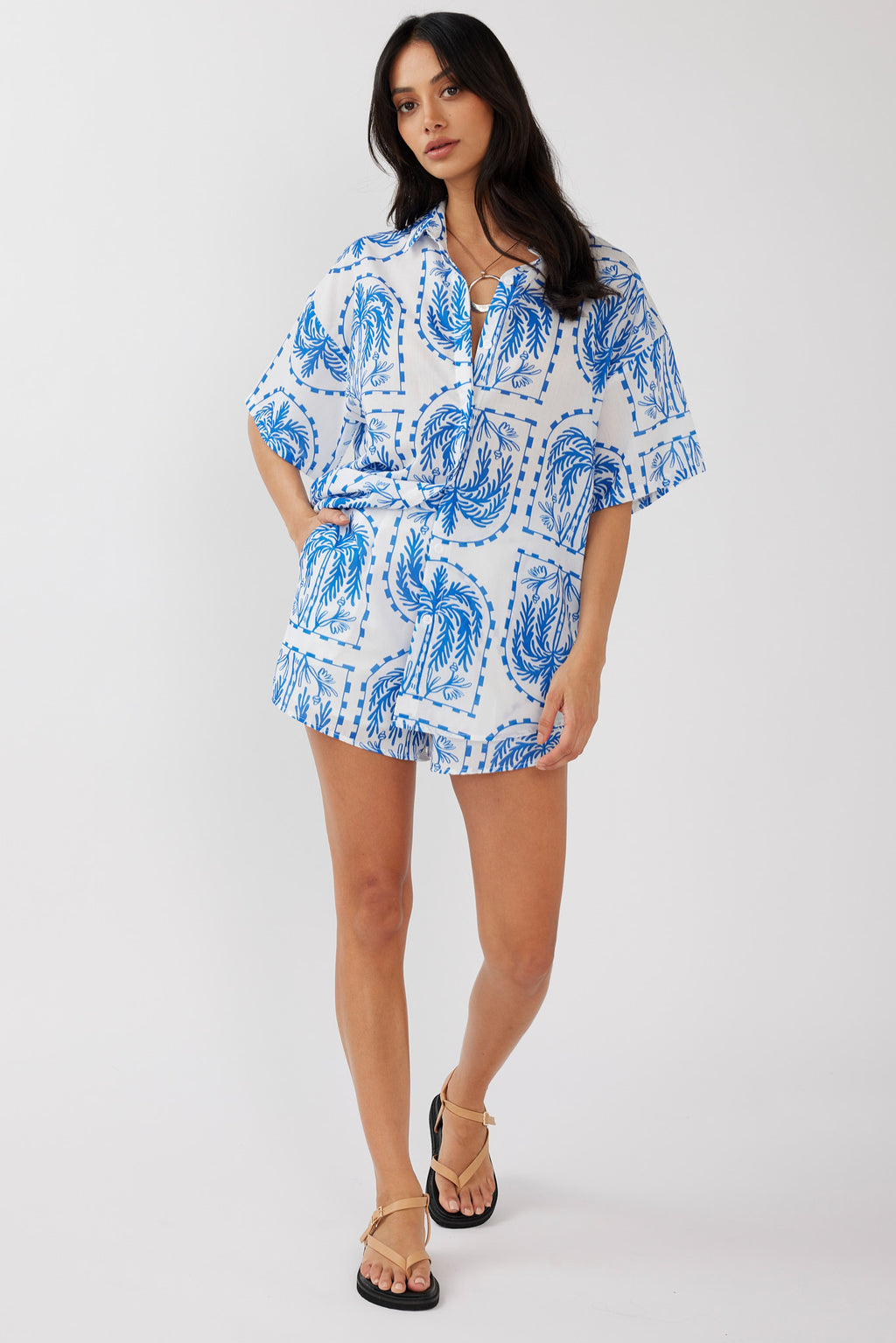 Cora Elastic Waist Shorts Print Blue White by Selfie Leslie