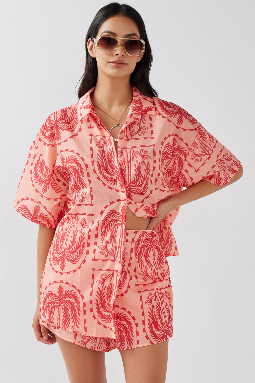 Cora Elastic Waist Shorts Print Red Salmon by Selfie Leslie