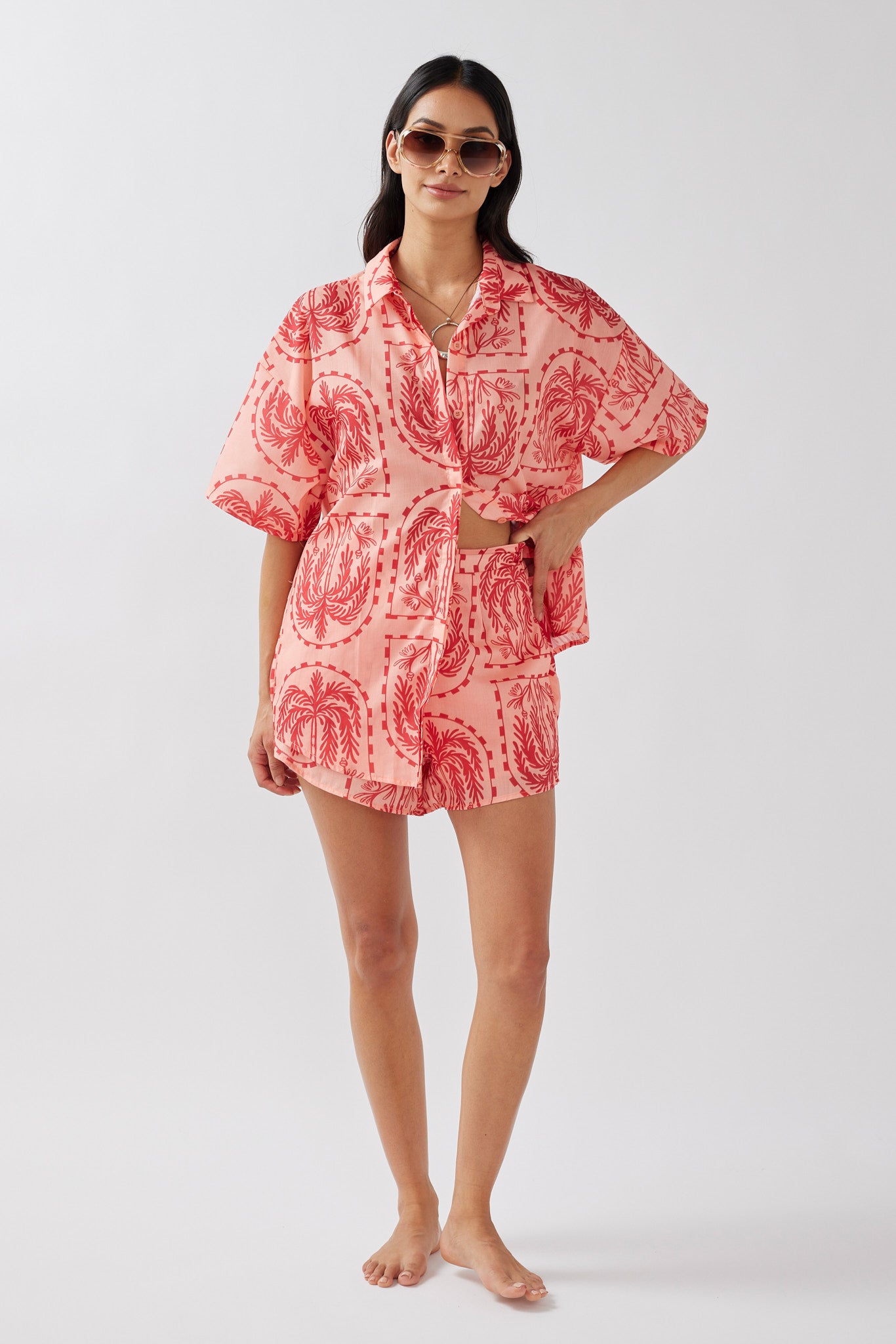 Cora Elastic Waist Shorts Print Red Salmon by Selfie Leslie