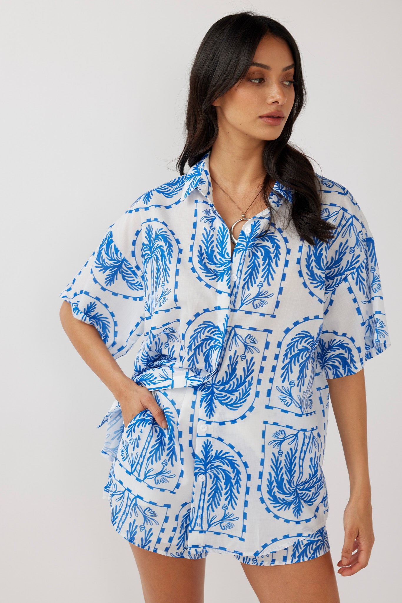 Cora Button-Up Shirt Print Blue White by Selfie Leslie