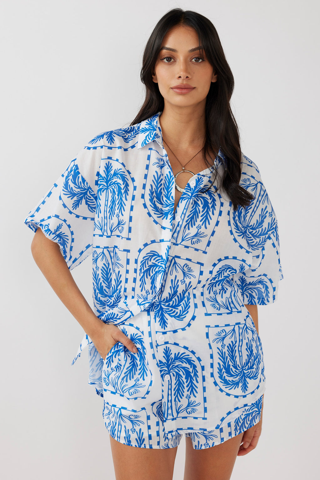 Cora Button-Up Shirt Print Blue White by Selfie Leslie