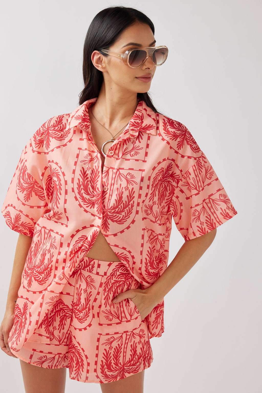Cora Button-Up Shirt Print Red Salmon by Selfie Leslie