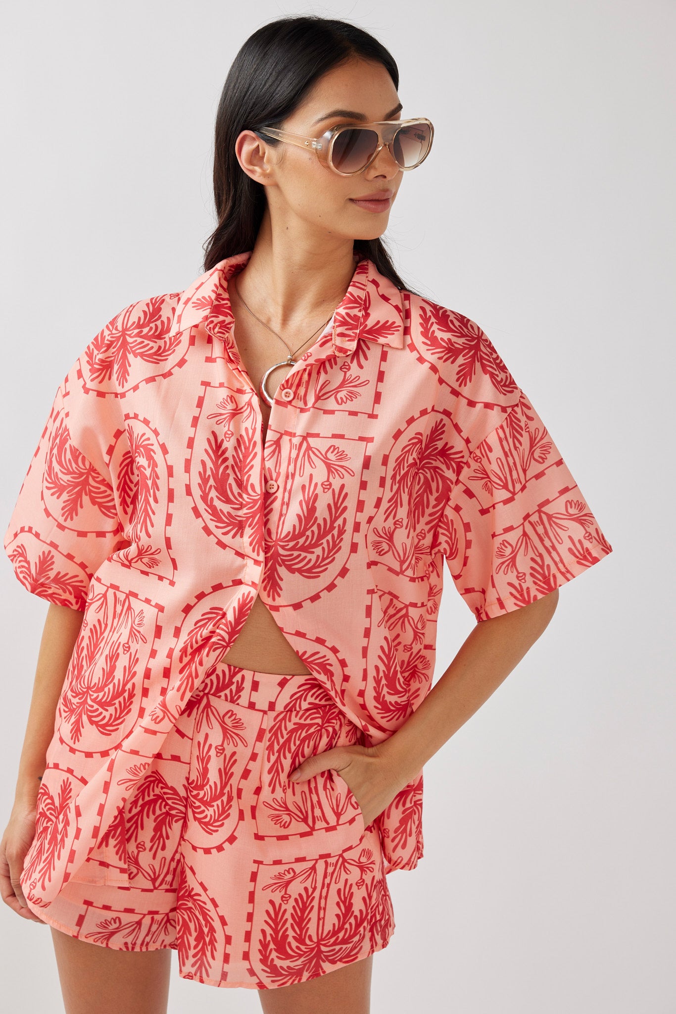 Cora Button-Up Shirt Print Red Salmon by Selfie Leslie
