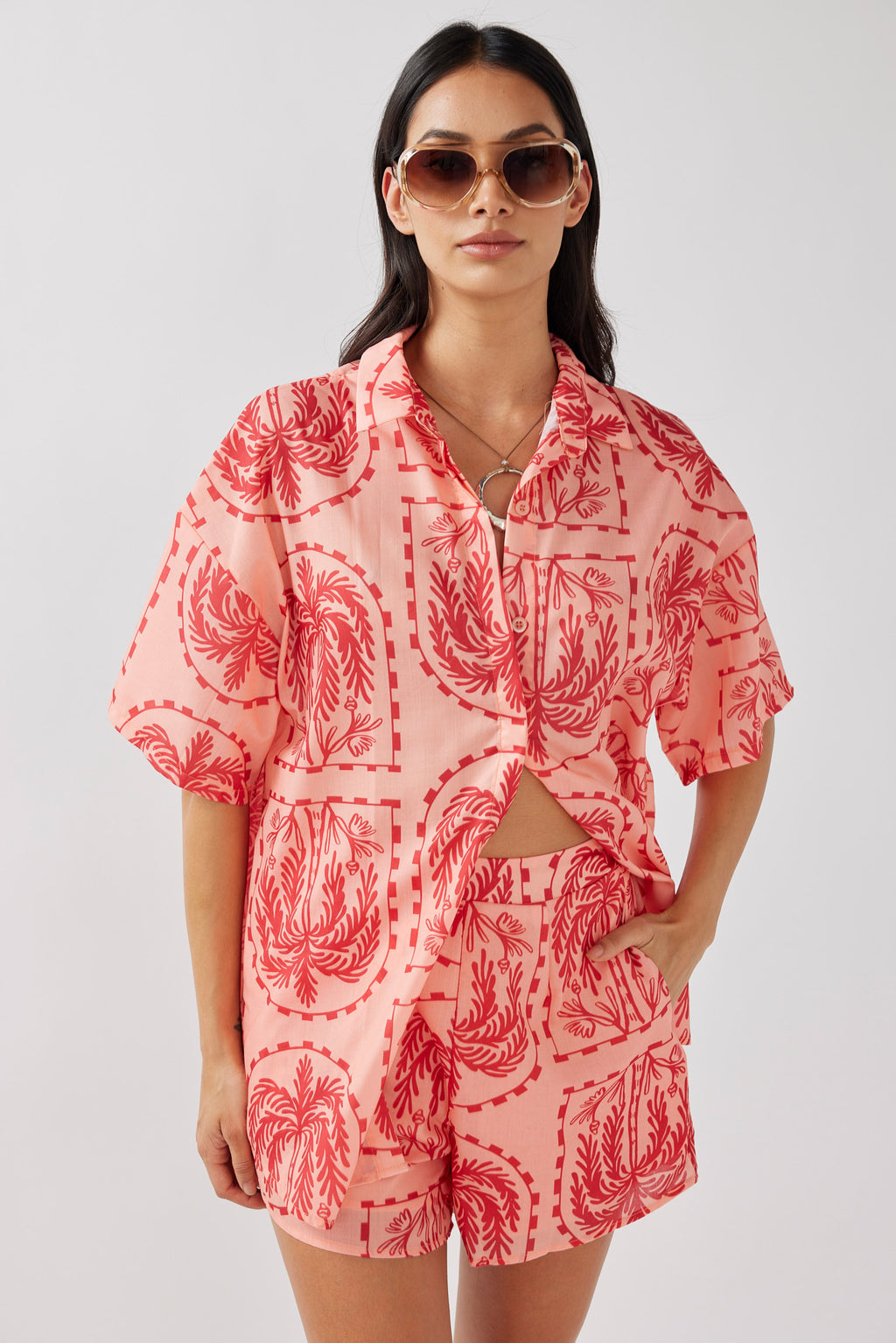 Cora Button-Up Shirt Print Red Salmon by Selfie Leslie