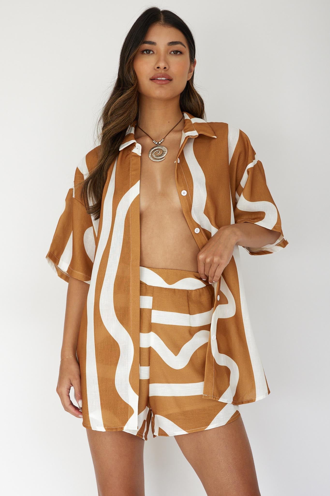 Cora Elastic Waist Shorts Print Tan by Selfie Leslie