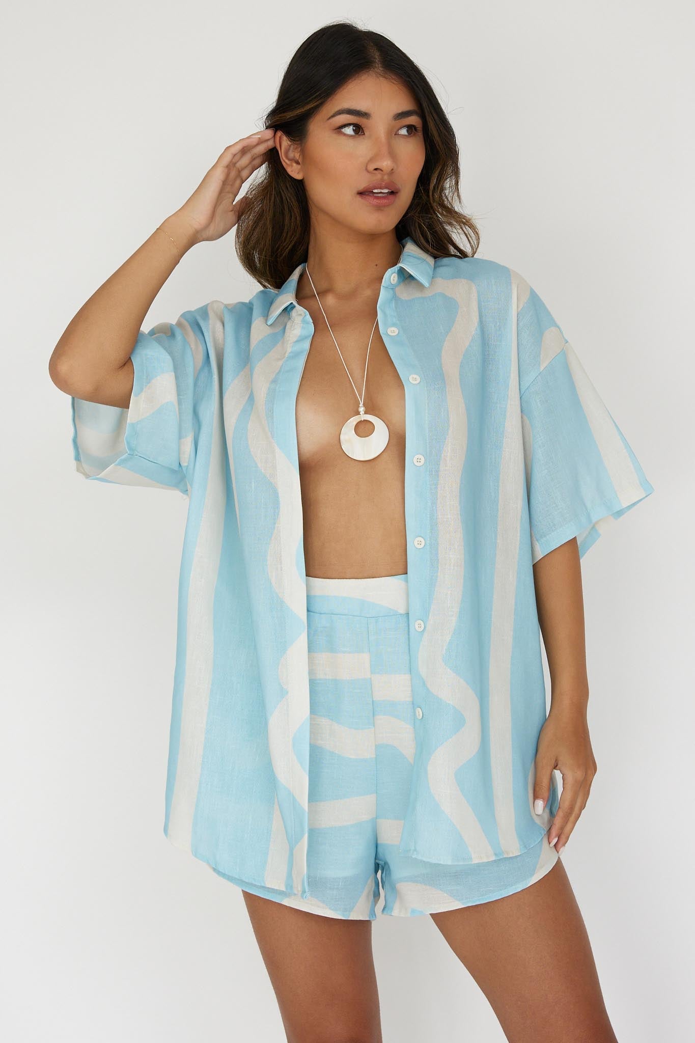 Cora Button-Up Shirt Print Baby Blue by Selfie Leslie