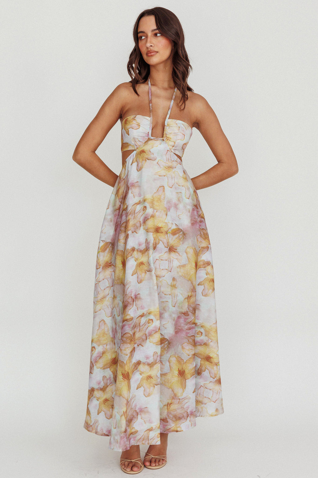 Onika Cut-Out Tied Back Floral Maxi Dress Yellow by Selfie Leslie