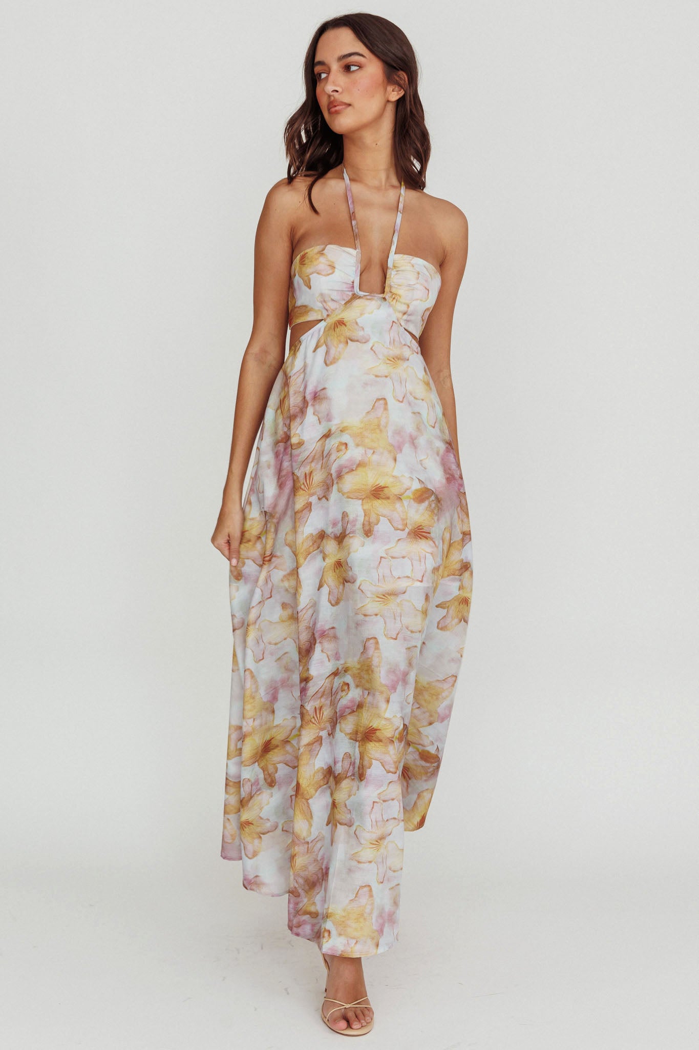 Onika Cut-Out Tied Back Floral Maxi Dress Yellow by Selfie Leslie