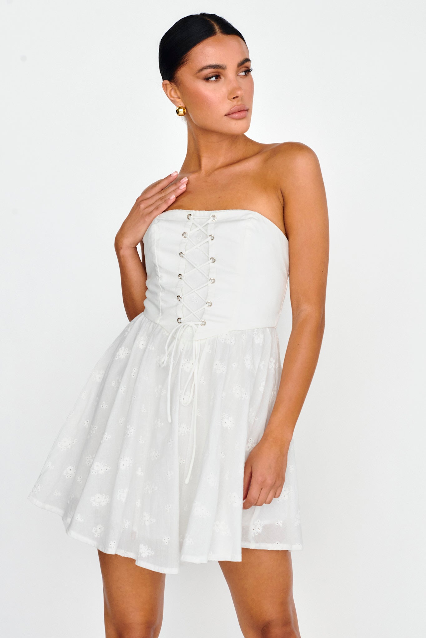 Mon Petit Lace-Up Bodice Mini Dress White by Selfie Leslie