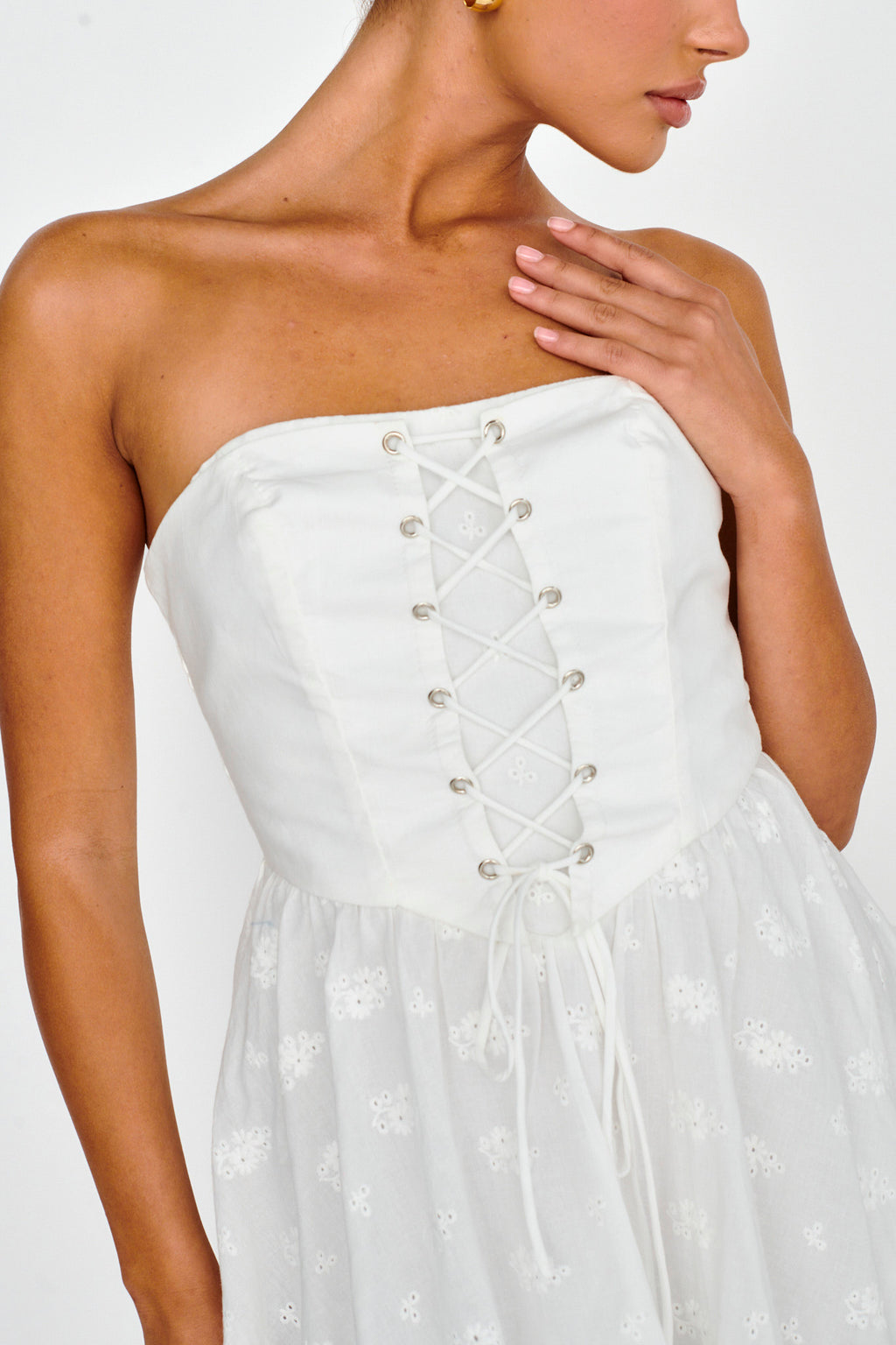 Mon Petit Lace-Up Bodice Mini Dress White by Selfie Leslie