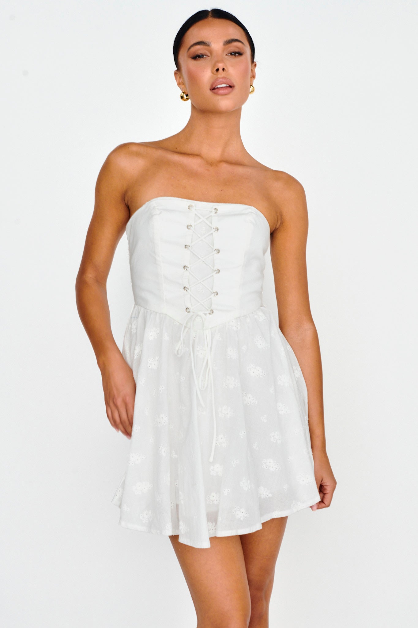 Mon Petit Lace-Up Bodice Mini Dress White by Selfie Leslie