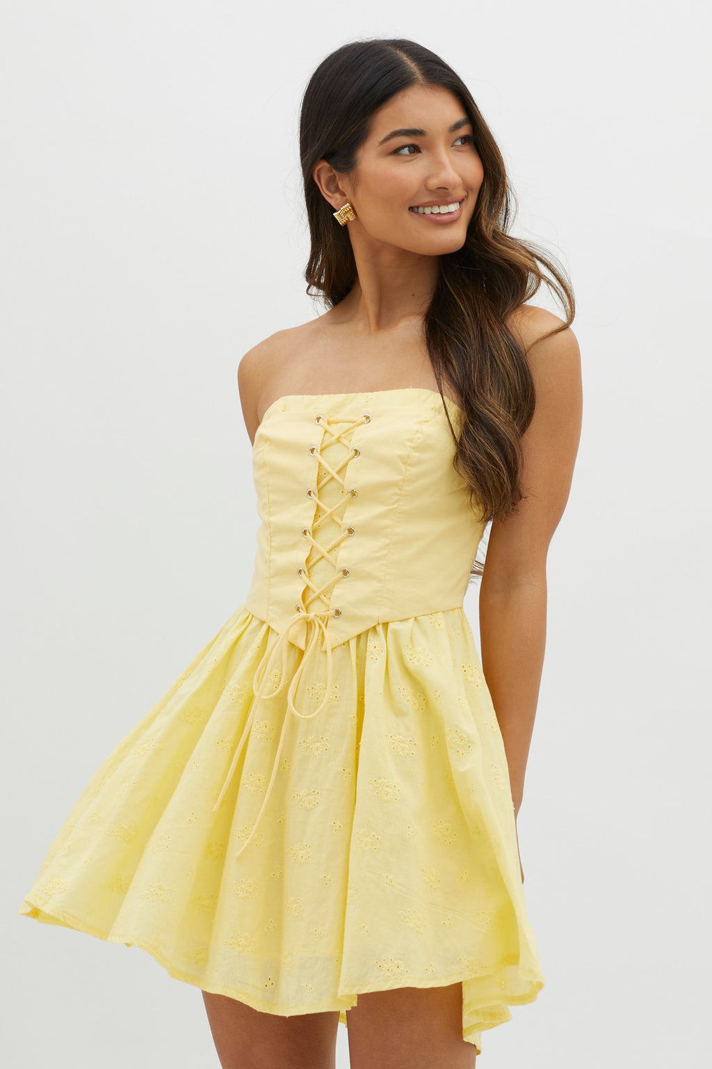 Mon Petit Lace-Up Bodice Mini Dress Yellow by Selfie Leslie