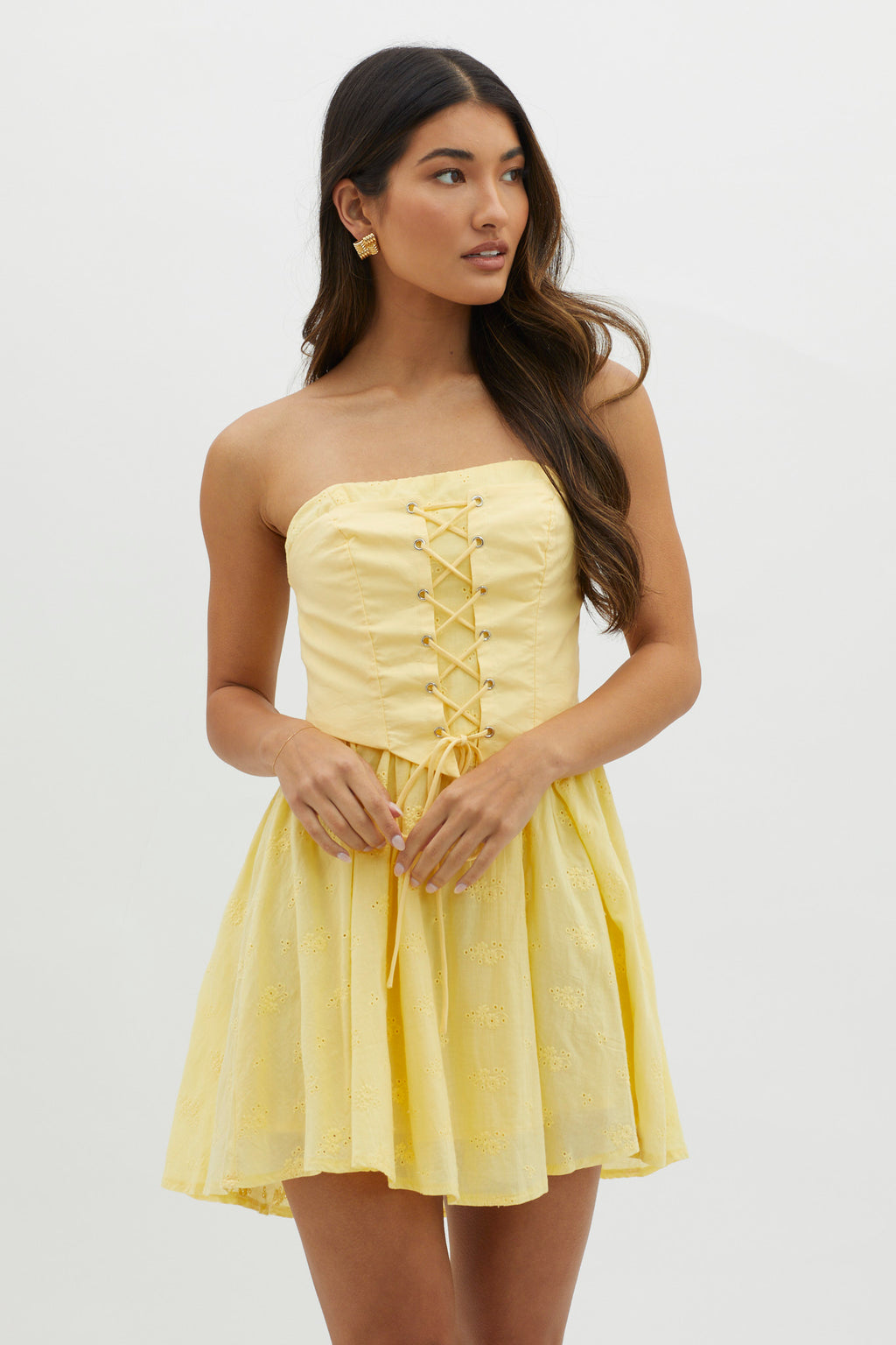 Mon Petit Lace-Up Bodice Mini Dress Yellow by Selfie Leslie