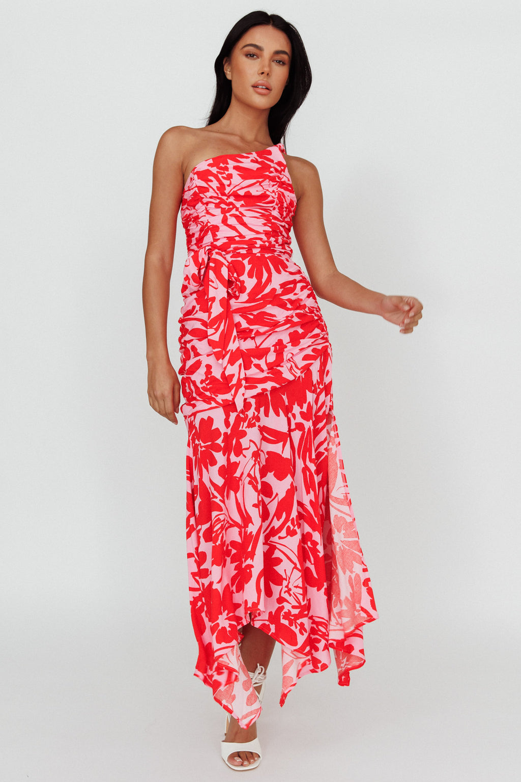 Chandler One-Shoulder Ruched Midi Dress Pink by Selfie Leslie