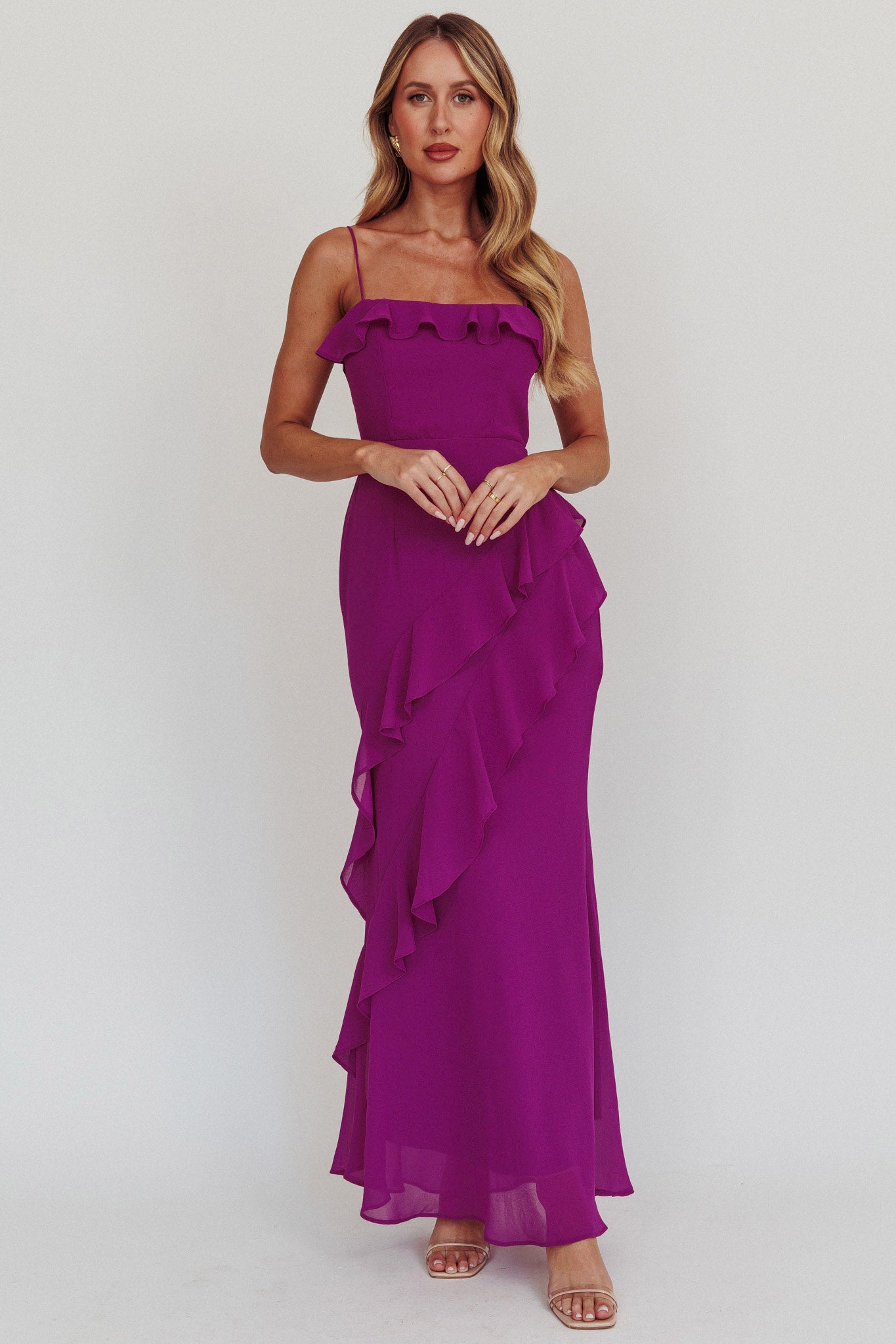 いwill+Dress Season2 サミュエル・フレッドソン FR ４枚 Actual Sunshine Ruffle Trim Maxi Dress Plum | Selfie Leslie