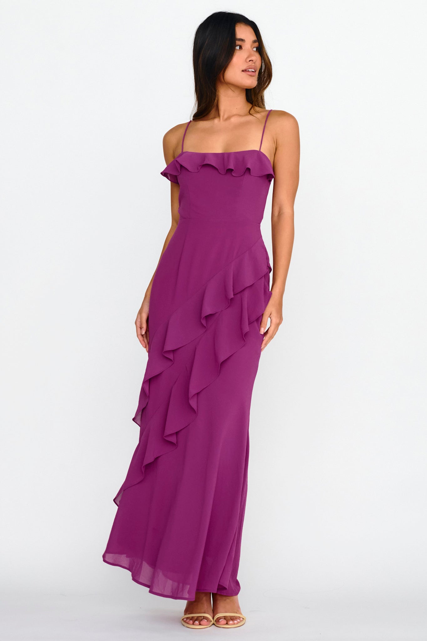 Actual Sunshine Ruffle Trim Maxi Dress Plum by Selfie Leslie