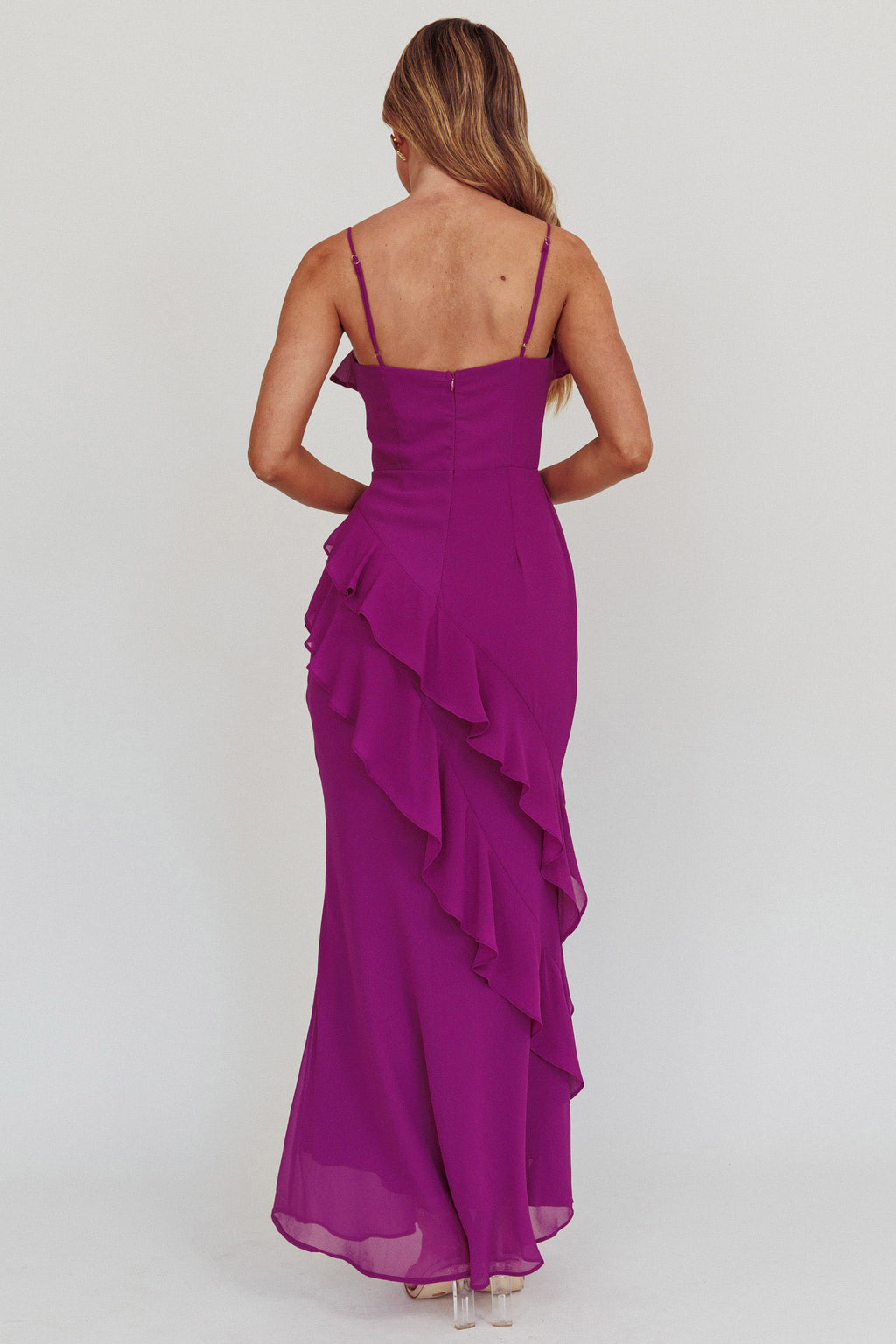 Actual Sunshine Ruffle Trim Maxi Dress Plum by Selfie Leslie