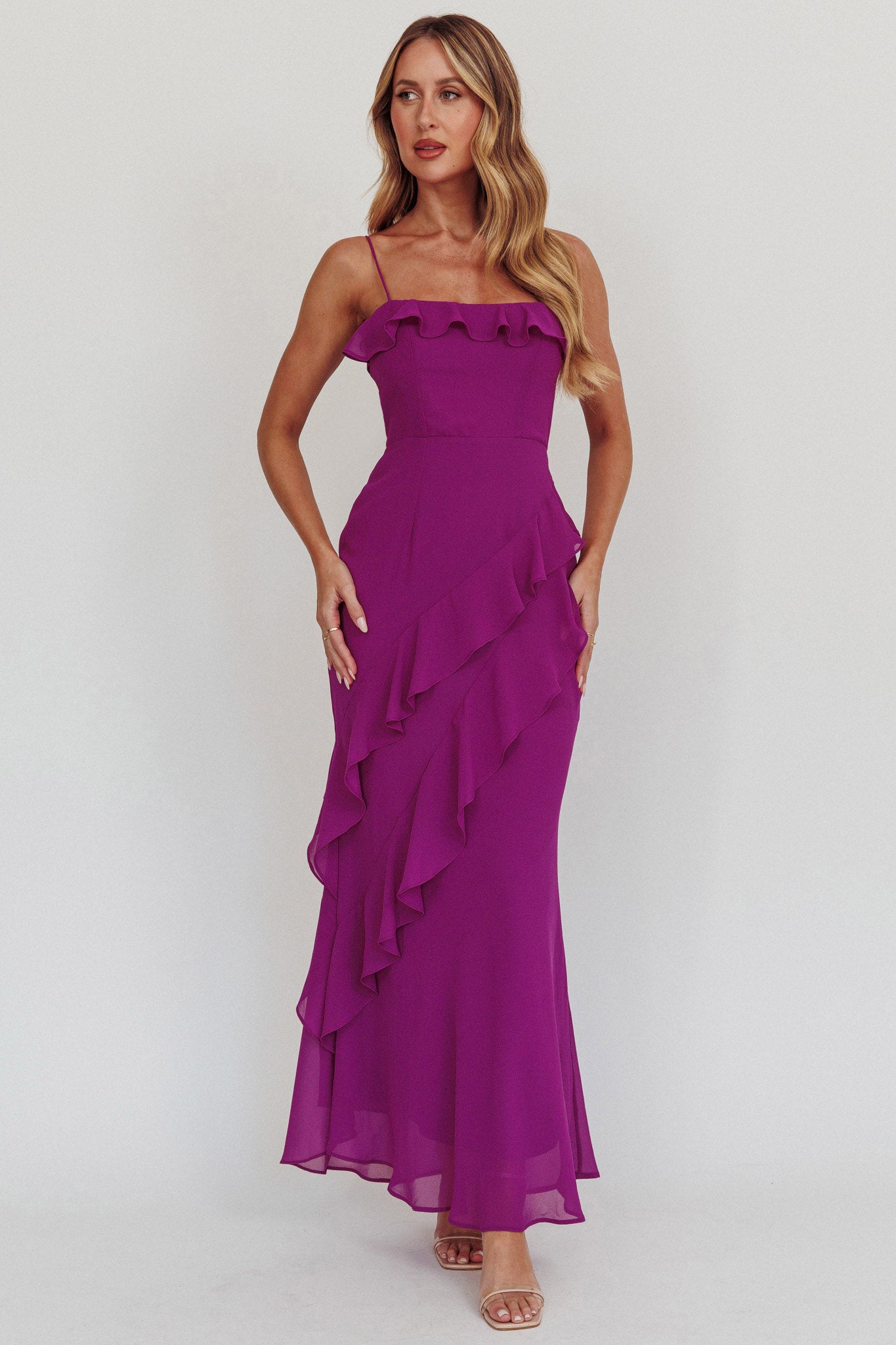 Actual Sunshine Ruffle Trim Maxi Dress Plum by Selfie Leslie