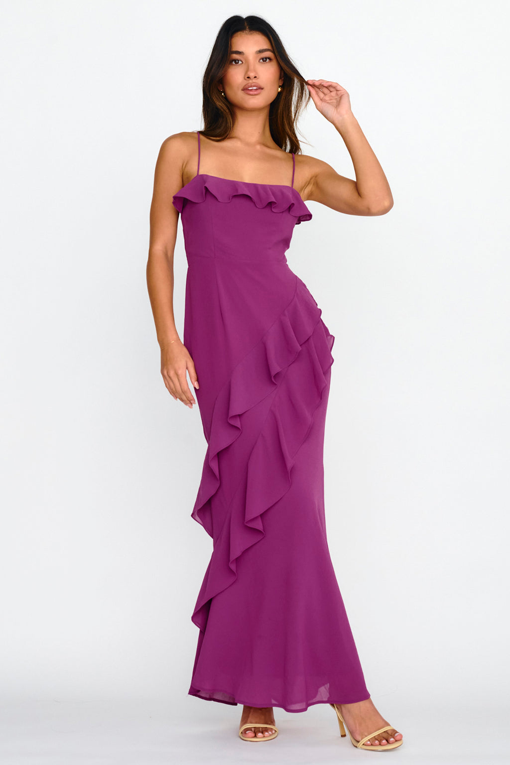 Actual Sunshine Ruffle Trim Maxi Dress Plum by Selfie Leslie