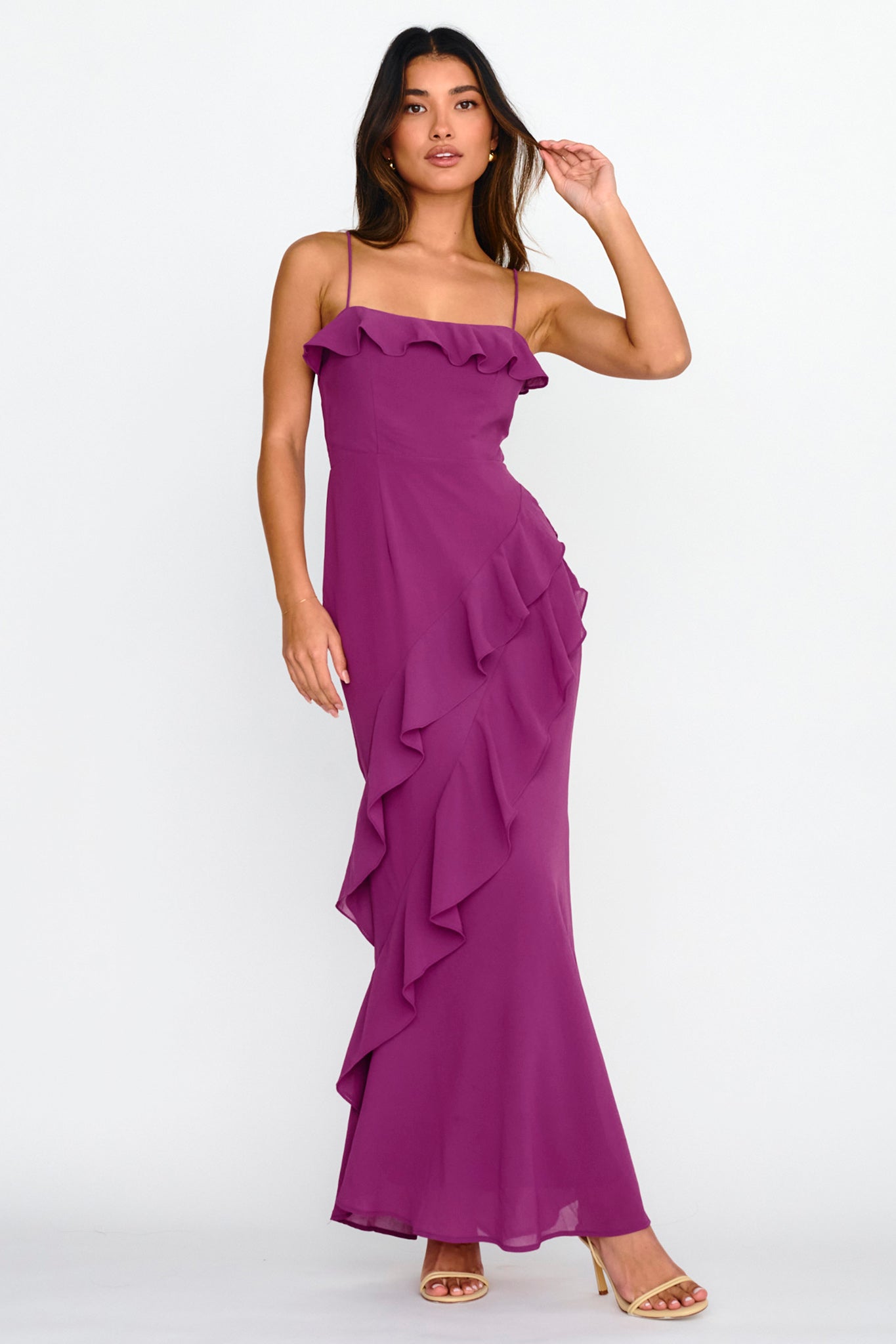 Actual Sunshine Ruffle Trim Maxi Dress Plum by Selfie Leslie