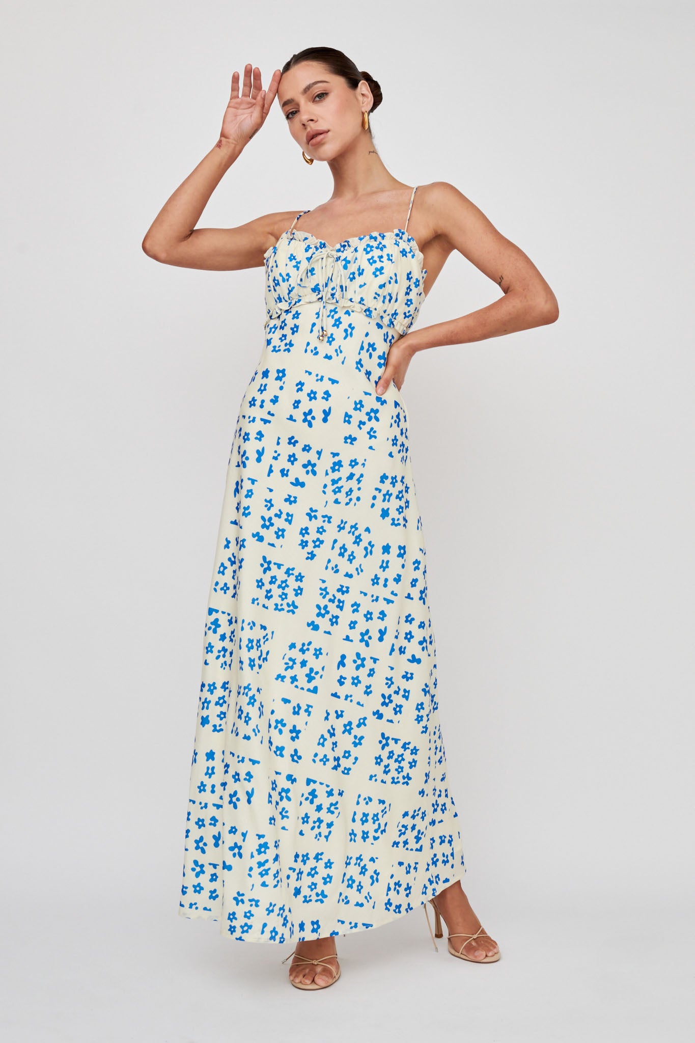Anja Frill Trim Maxi Dress Print Cream Blue by Selfie Leslie