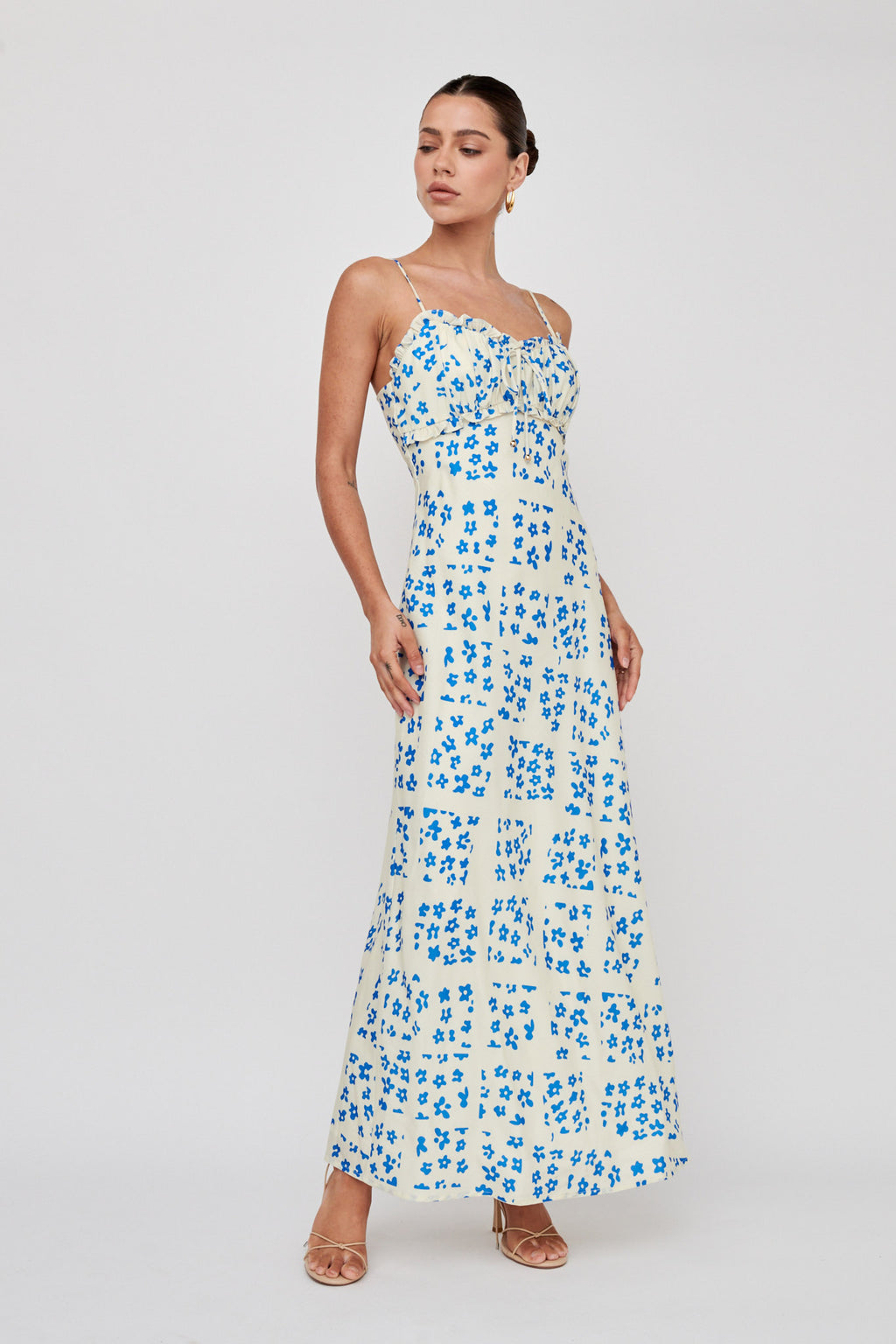 Anja Frill Trim Maxi Dress Print Cream Blue by Selfie Leslie